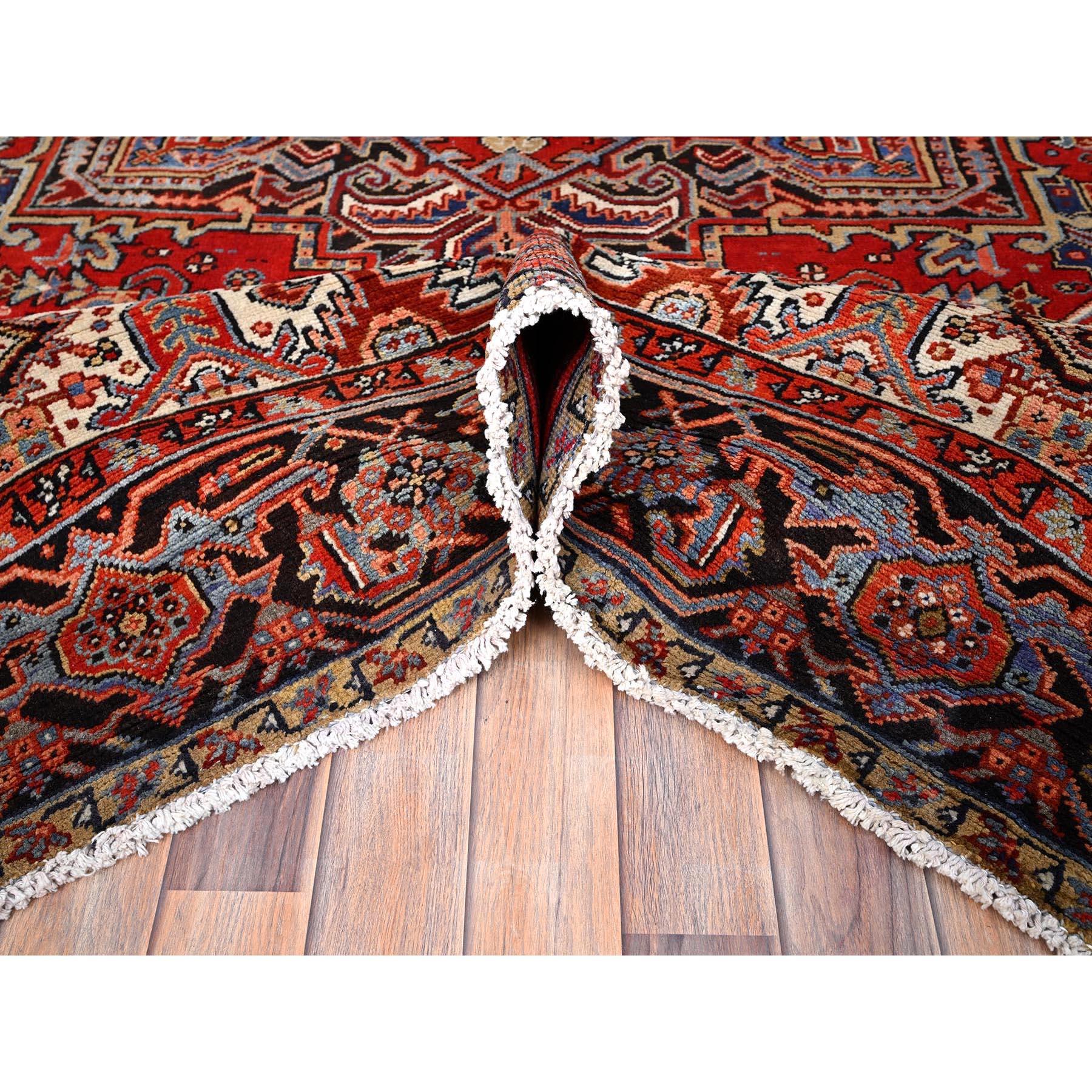 Red Wool Hand Knotted Vintage Persian Heriz Evenly Worn Clean Sides and Ends Rug For Sale 2