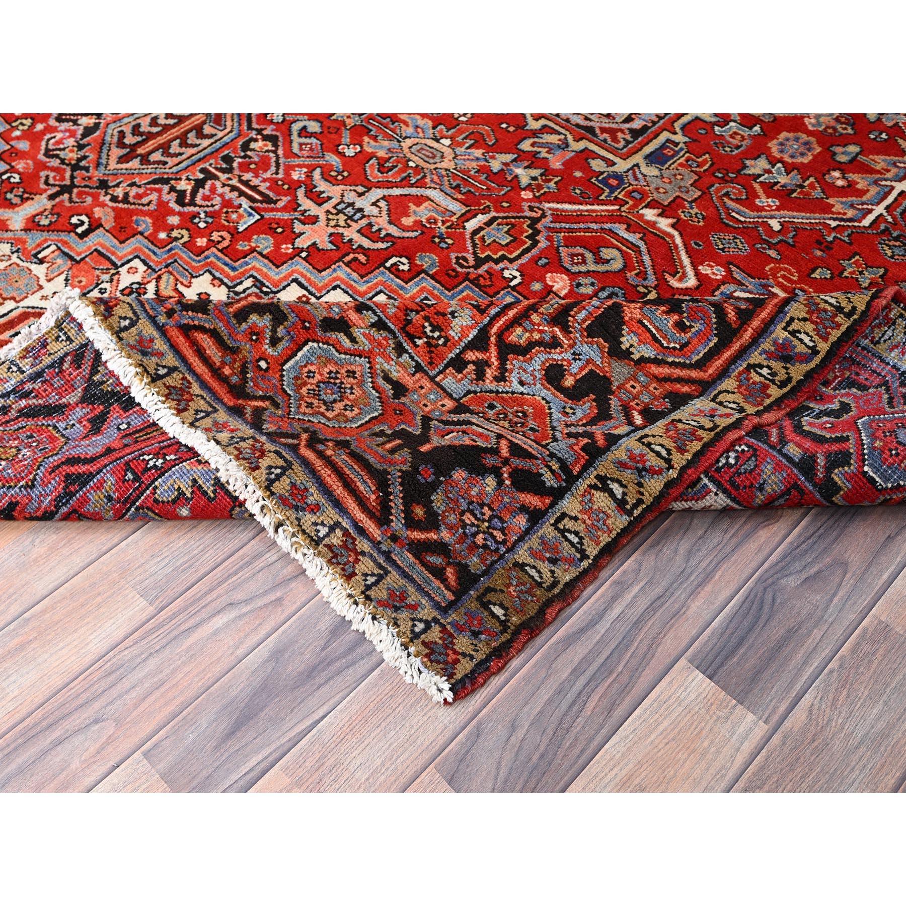 Red Wool Hand Knotted Vintage Persian Heriz Evenly Worn Clean Sides and Ends Rug For Sale 3
