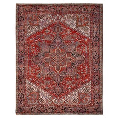 Red Wool Hand Knotted Vintage Persian Heriz Evenly Worn Clean Sides and Ends Rug