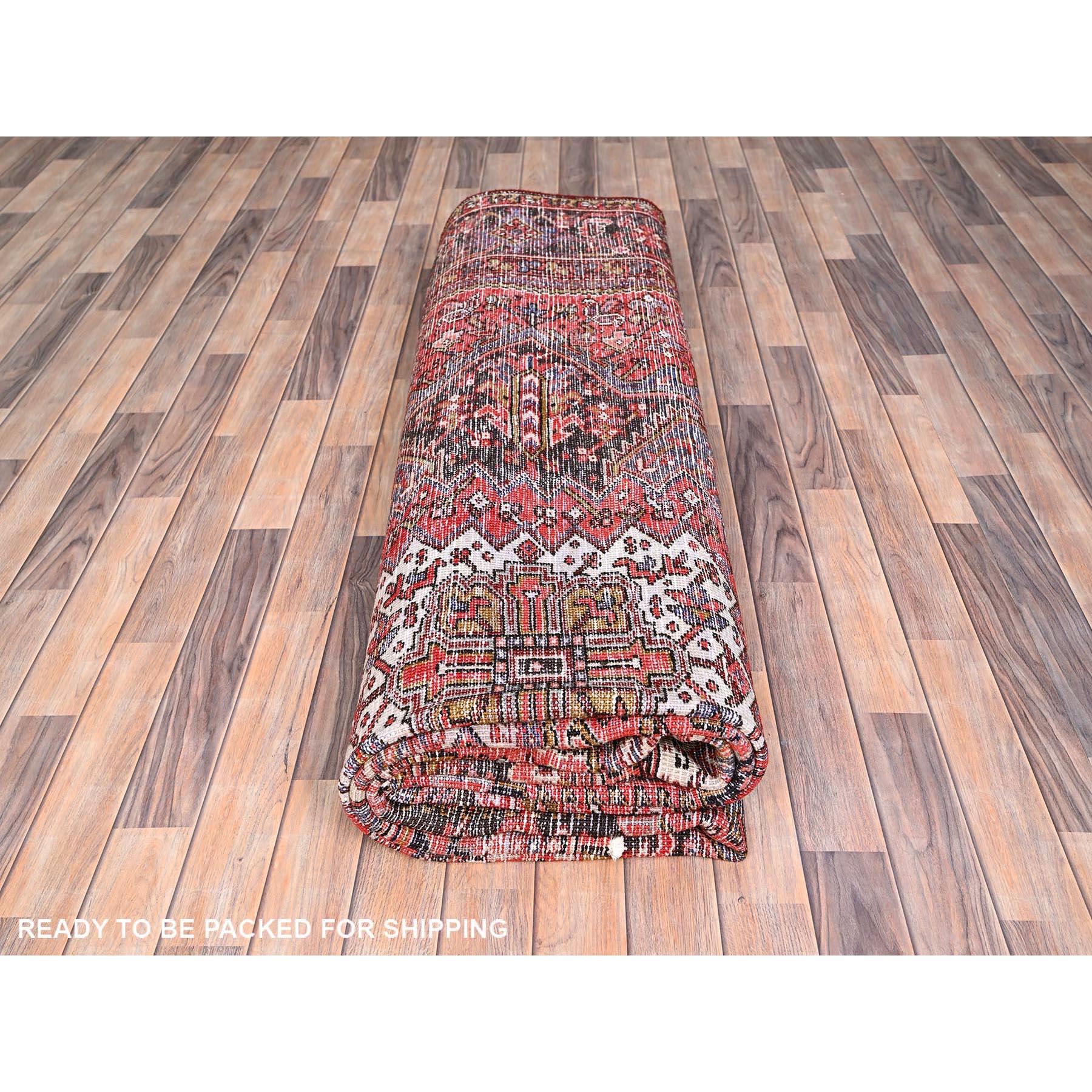Red Wool Hand Knotted Vintage Persian Heriz Village Motif Rustic Look Rug For Sale 4