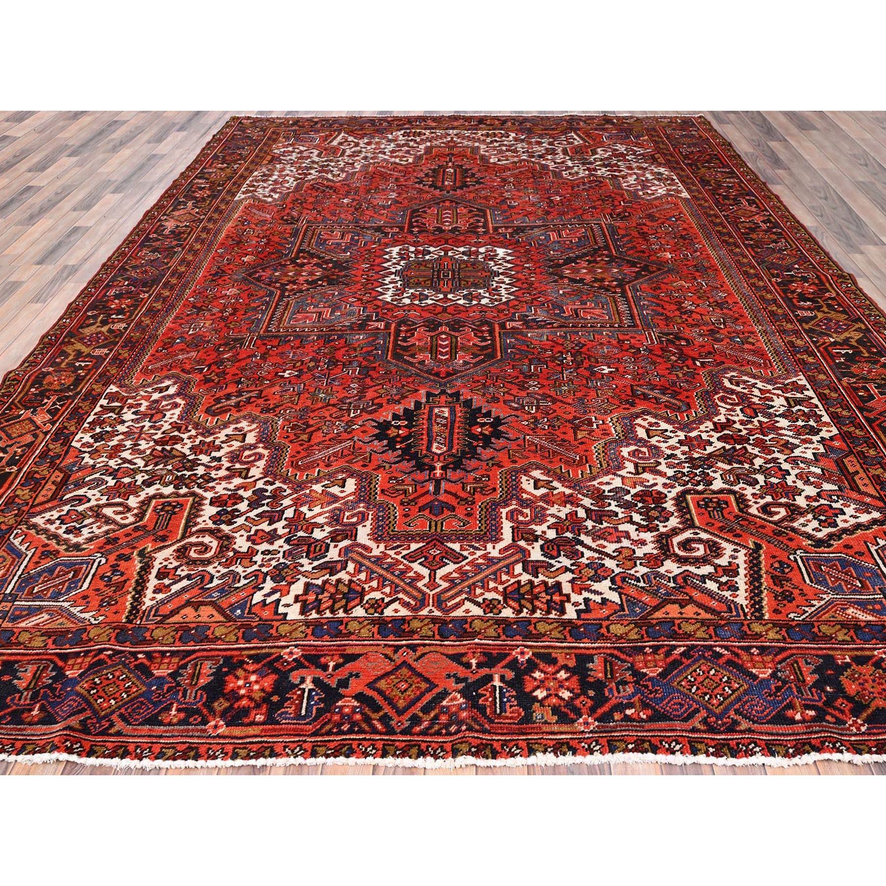 Heriz Serapi Red Wool Hand Knotted Vintage Persian Heriz Village Motif Rustic Look Rug For Sale