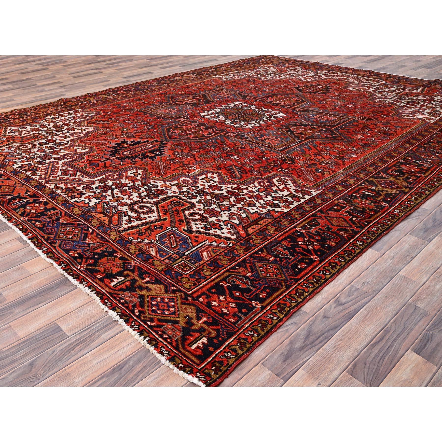 Hand-Knotted Red Wool Hand Knotted Vintage Persian Heriz Village Motif Rustic Look Rug For Sale