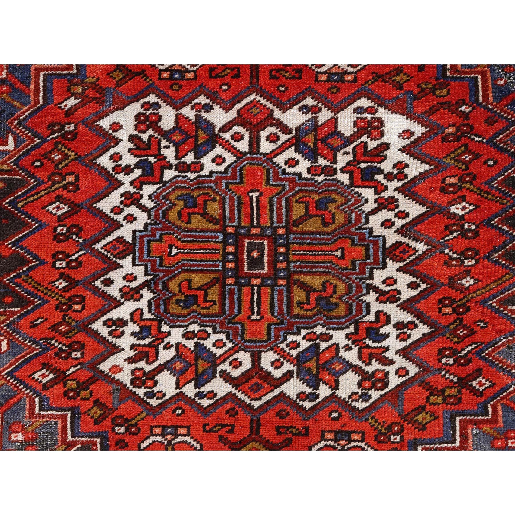 Red Wool Hand Knotted Vintage Persian Heriz Village Motif Rustic Look Rug For Sale 3