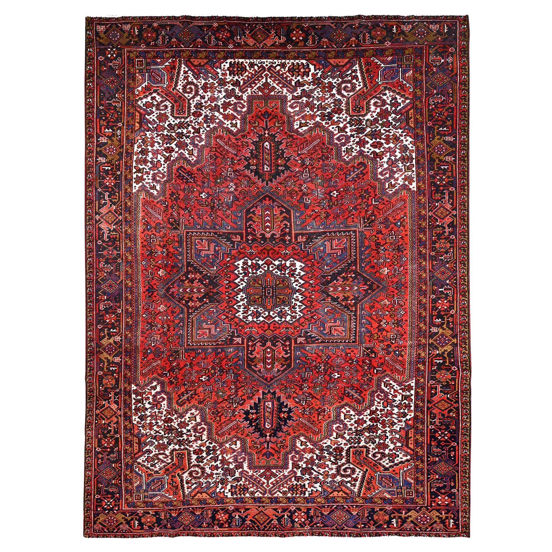 Red Wool Hand Knotted Vintage Persian Heriz Village Motif Rustic Look Rug