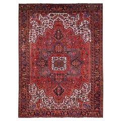 Red Wool Hand Knotted Retro Persian Heriz Village Motif Rustic Look Rug