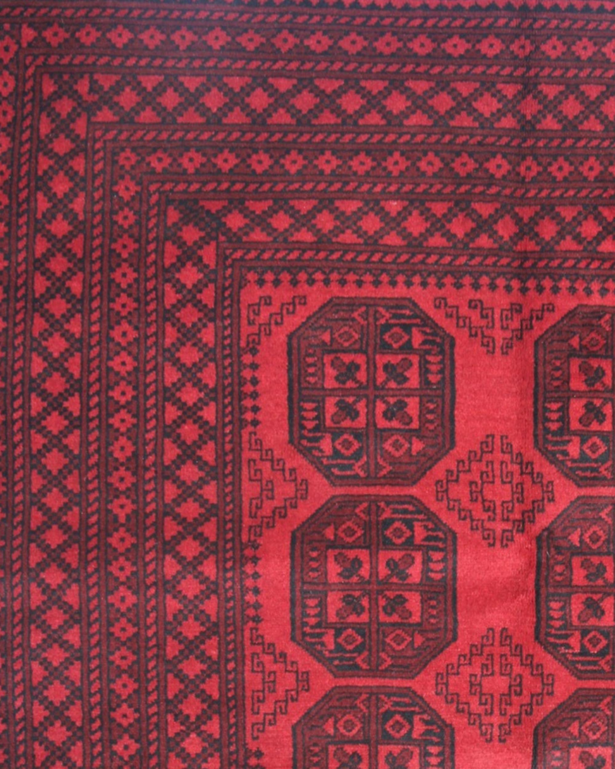 Handgefertigter afghanischer Teppich aus roter Wolle, großer geometrischer Stammesteppich für das Wohnzimmer (Handgeknüpft) im Angebot