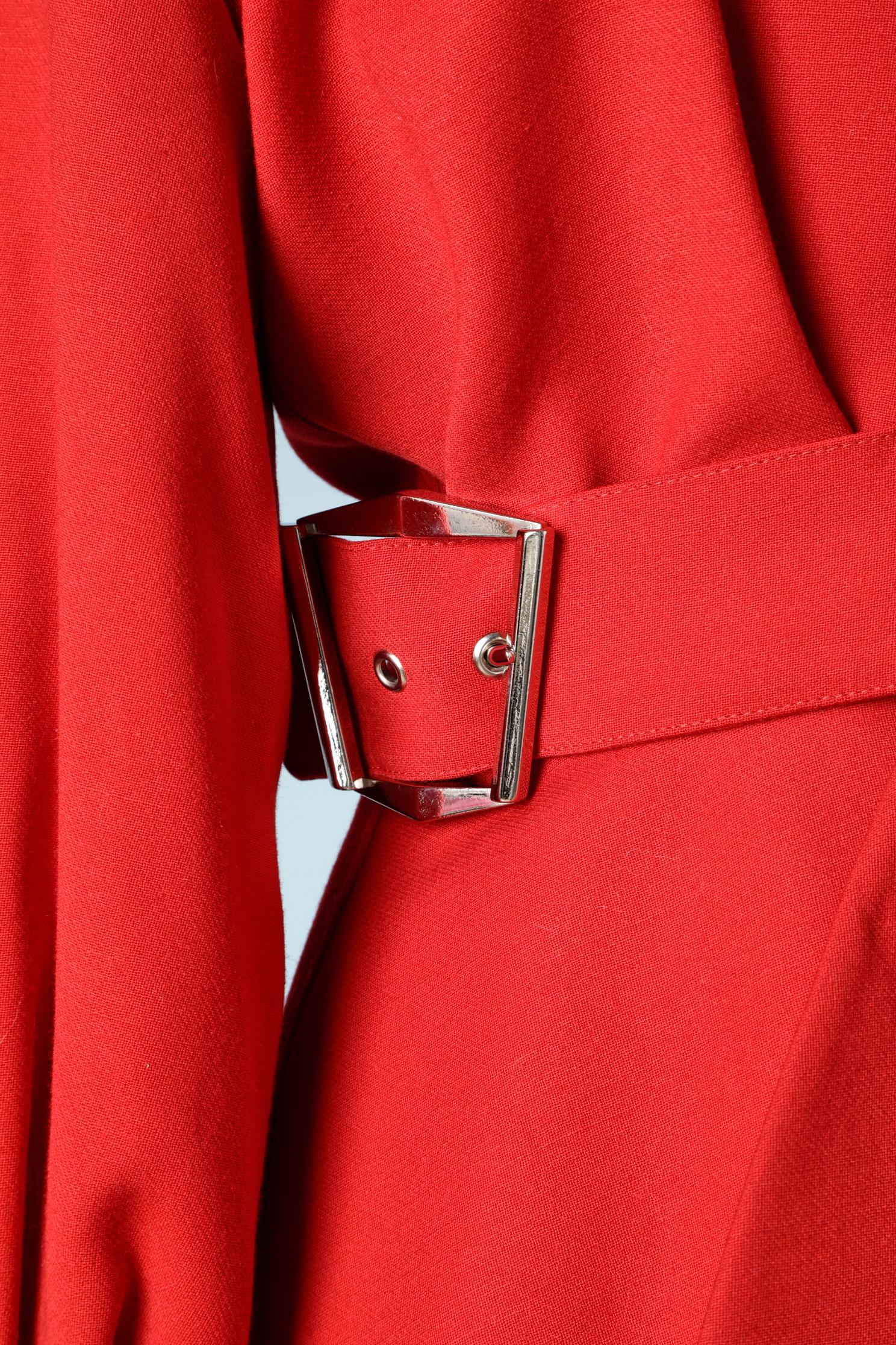 Women's Red wool jacket with asymmetrical collar and silver buckles belt T. Mugler Activ