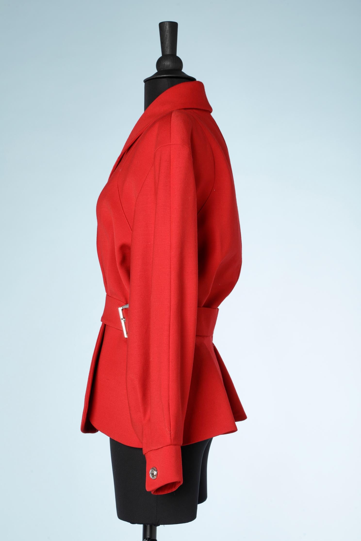 Red wool jacket with asymmetrical collar and silver buckles belt T. Mugler Activ 1