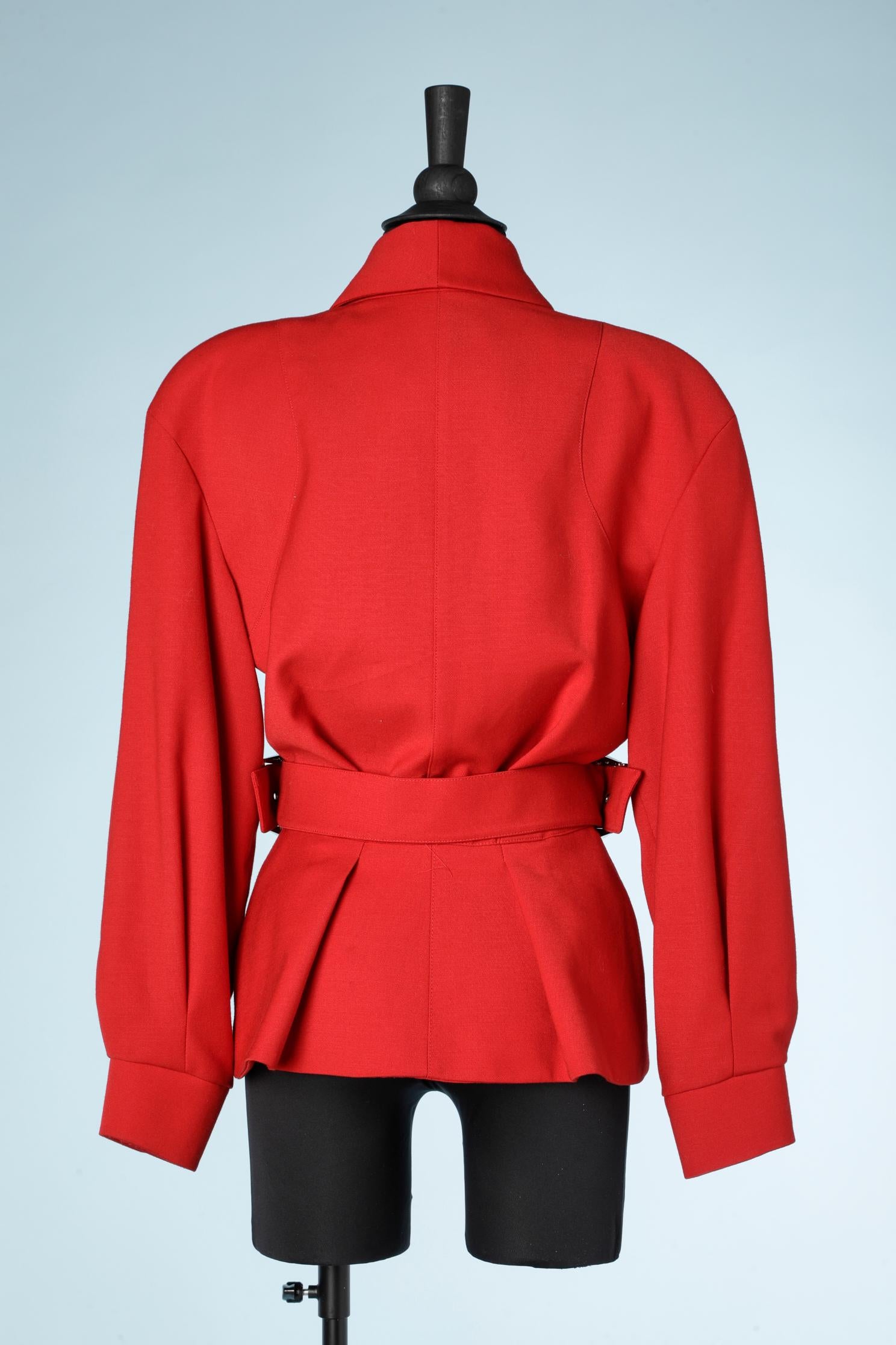 Red wool jacket with asymmetrical collar and silver buckles belt T. Mugler Activ 2