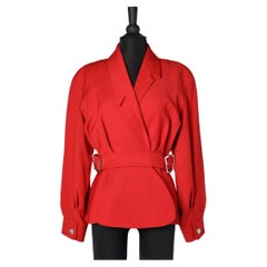 Vintage Red wool jacket with asymmetrical collar and silver buckles belt T. Mugler Activ