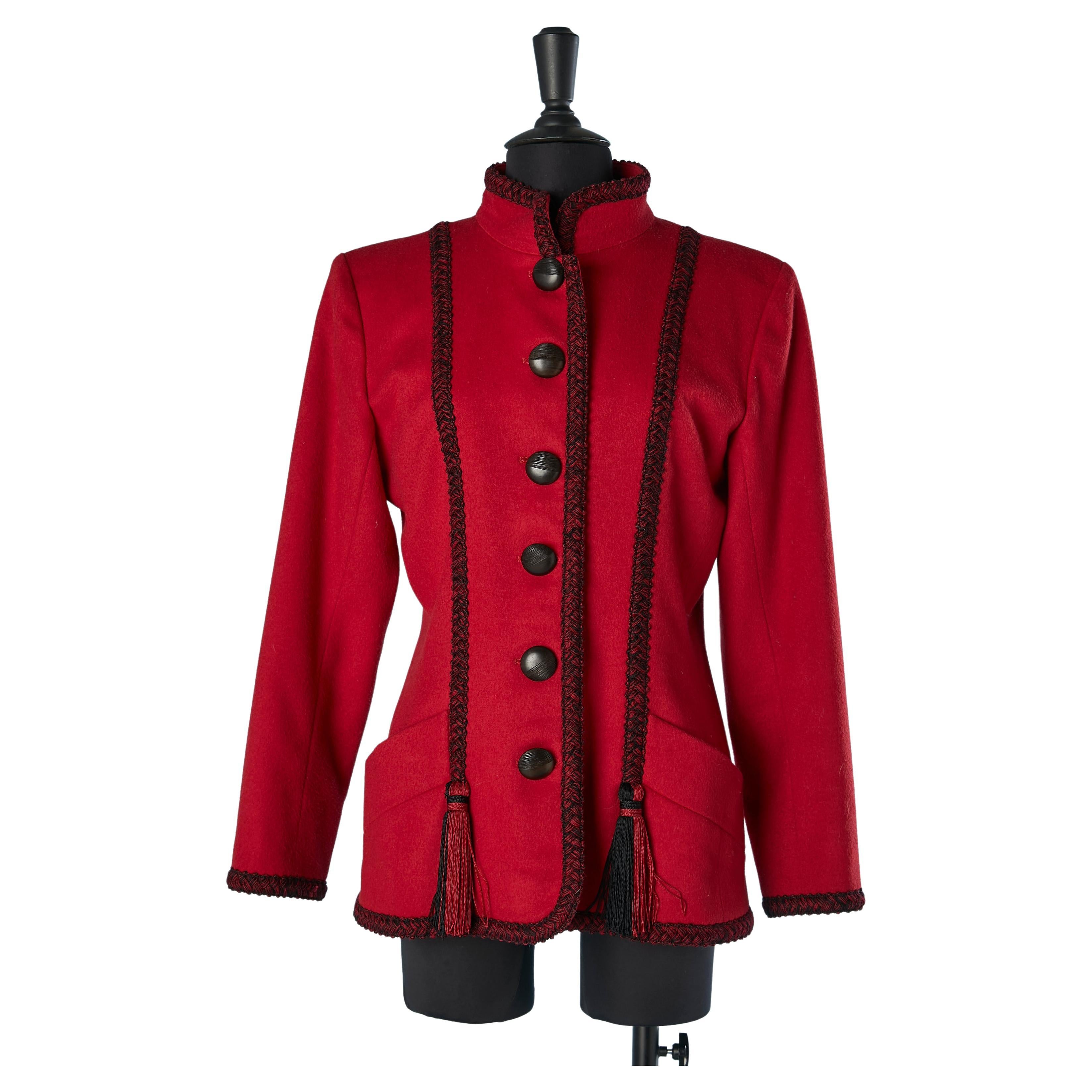 Red wool jacket with Passementerie and pompoms embellishments YSL Rive Gauche  For Sale