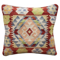 Red Wool Kilim Cushion Cover Handwoven Geometric Scatter Pillow