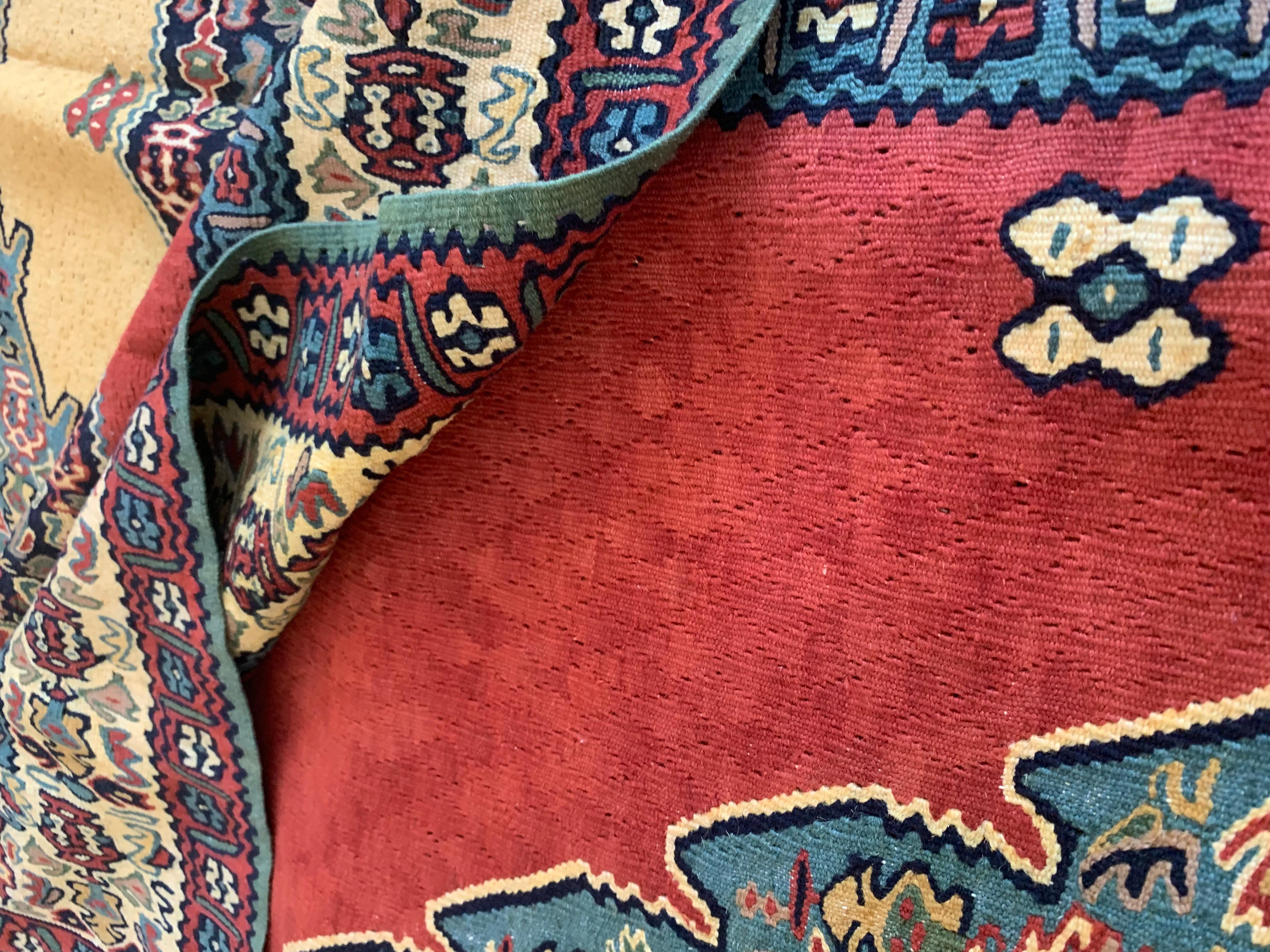 Hand-Crafted Red Wool Kurdish Kilim Handmade Flat Woven Oriental Living Area Rug For Sale