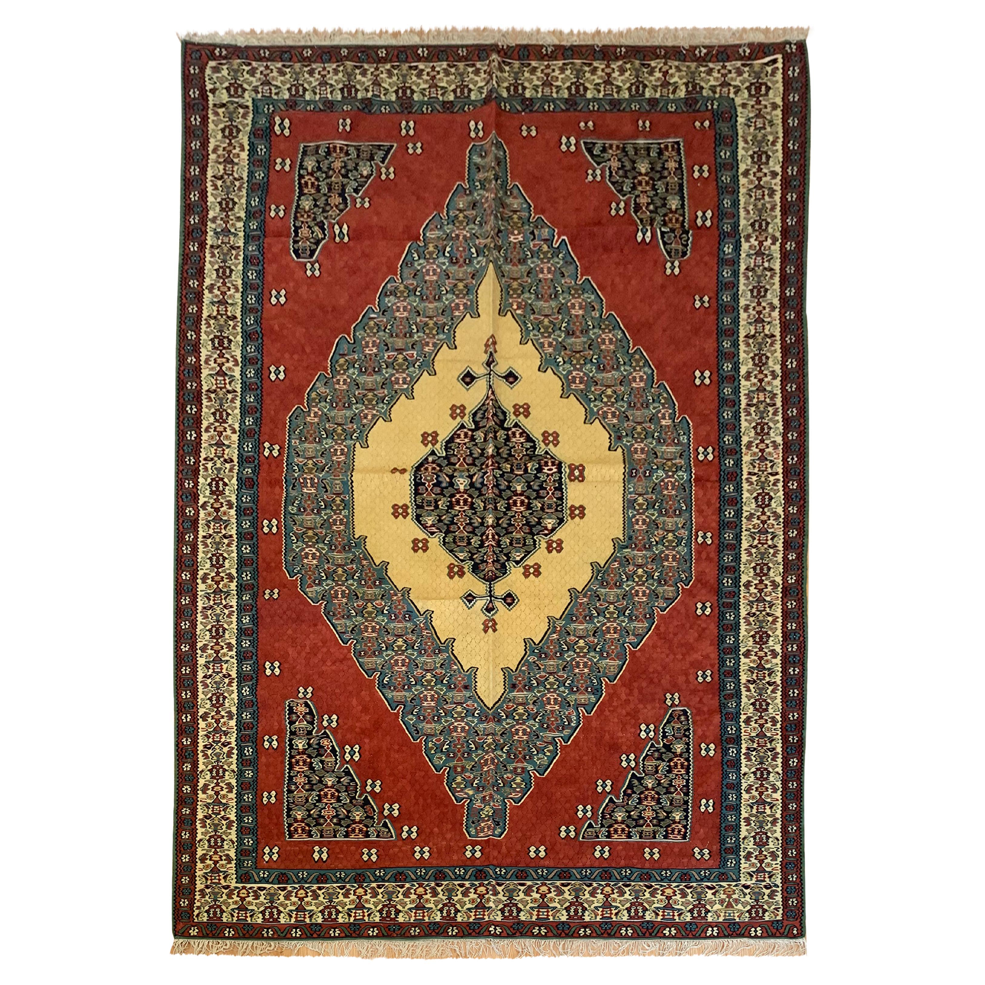 Handgewebter flach gewebter orientalischer Teppich aus roter Wolle, Kurdischer Kelim