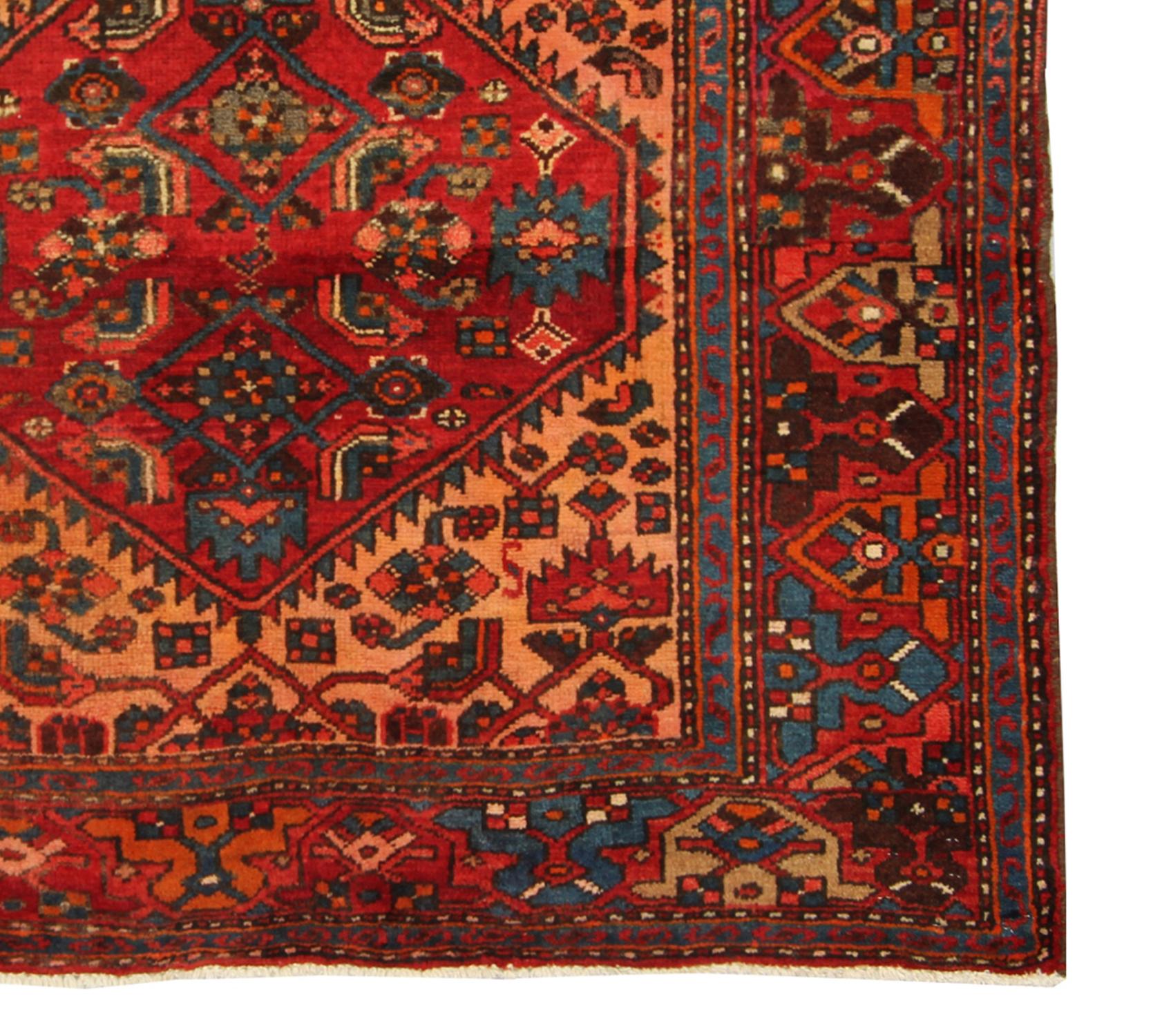 Azerbaijani Red Wool Rug Handmade Carpet Rustic Gold Oriental Area Rug For Sale