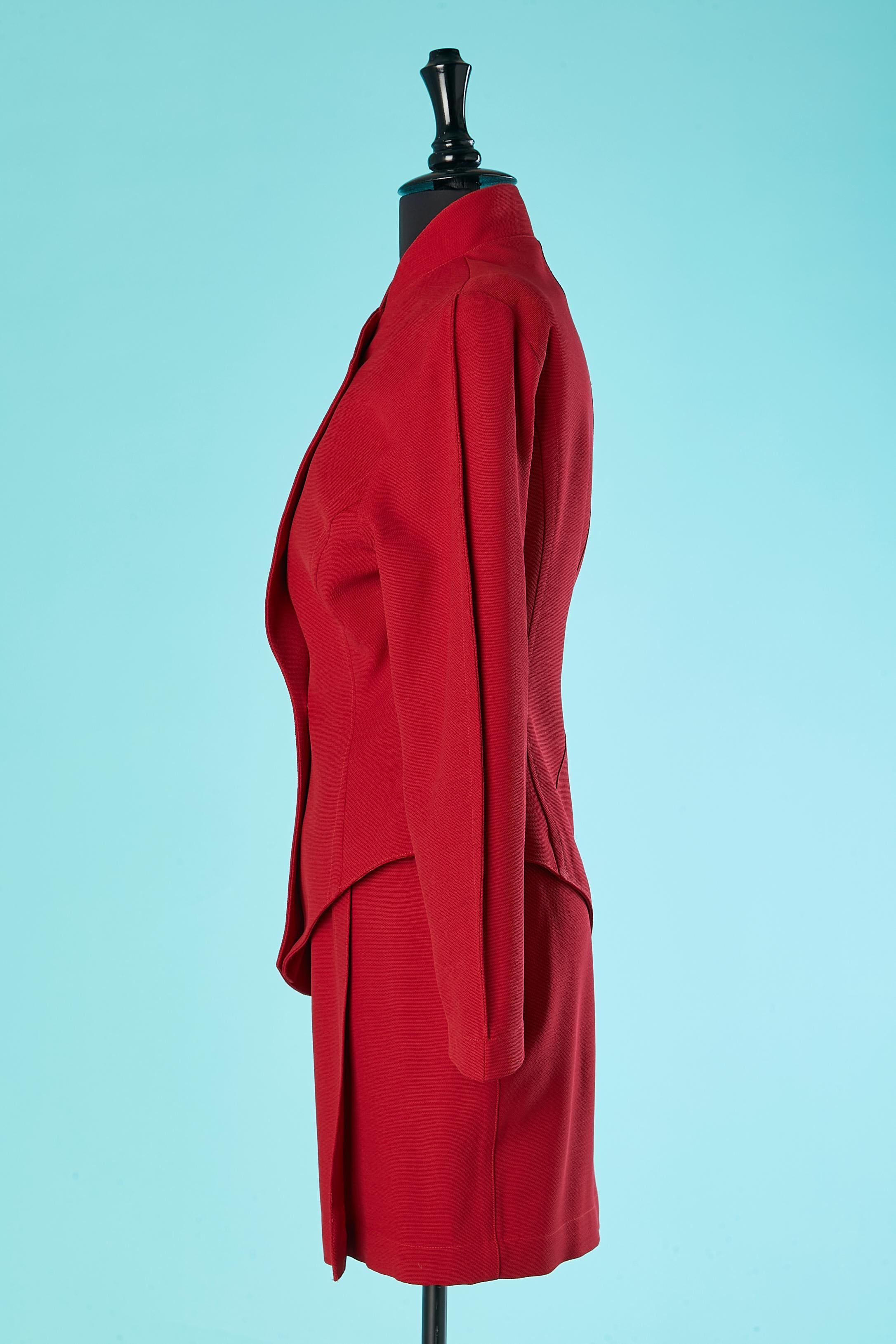 Red wool skirt-suit with asymmetrical jacket and wrap skirt Thierry Mugler  For Sale 1