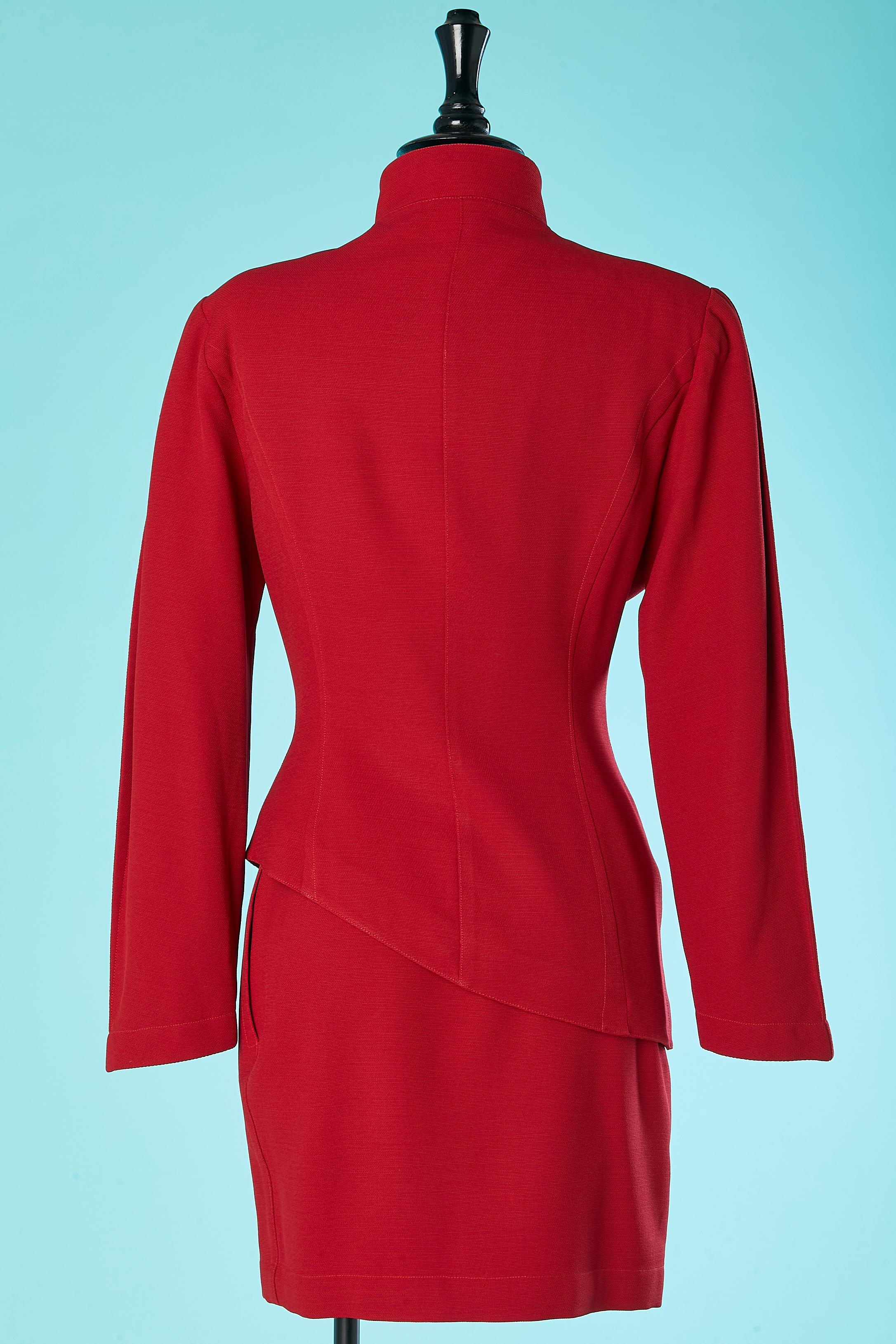 Red wool skirt-suit with asymmetrical jacket and wrap skirt Thierry Mugler  For Sale 2
