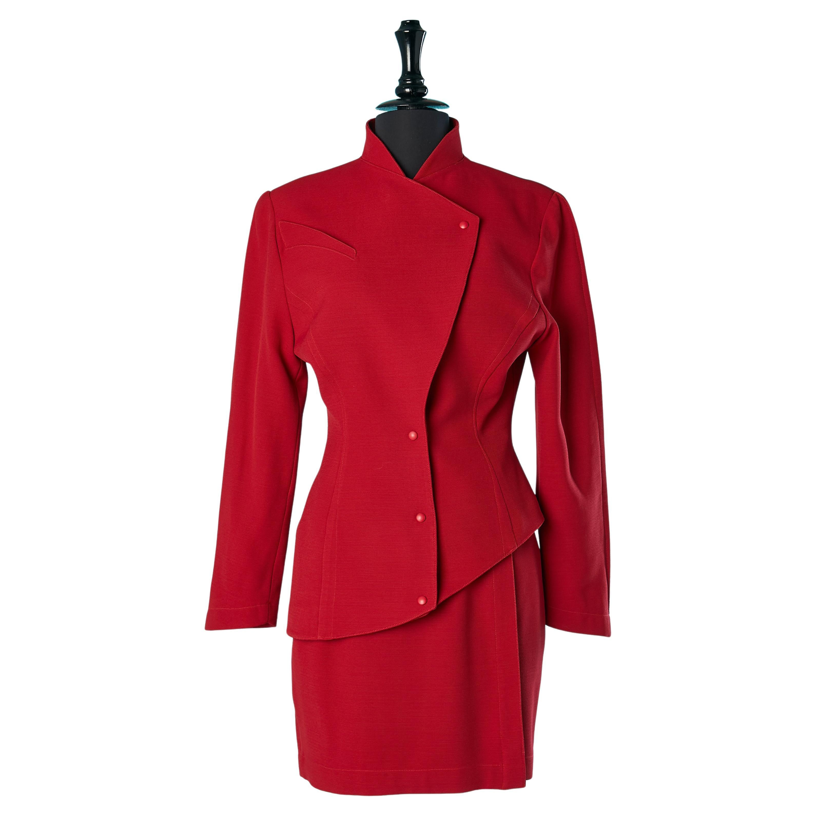 Traje-falda de lana roja con chaqueta asimétrica y falda envolvente Thierry Mugler 