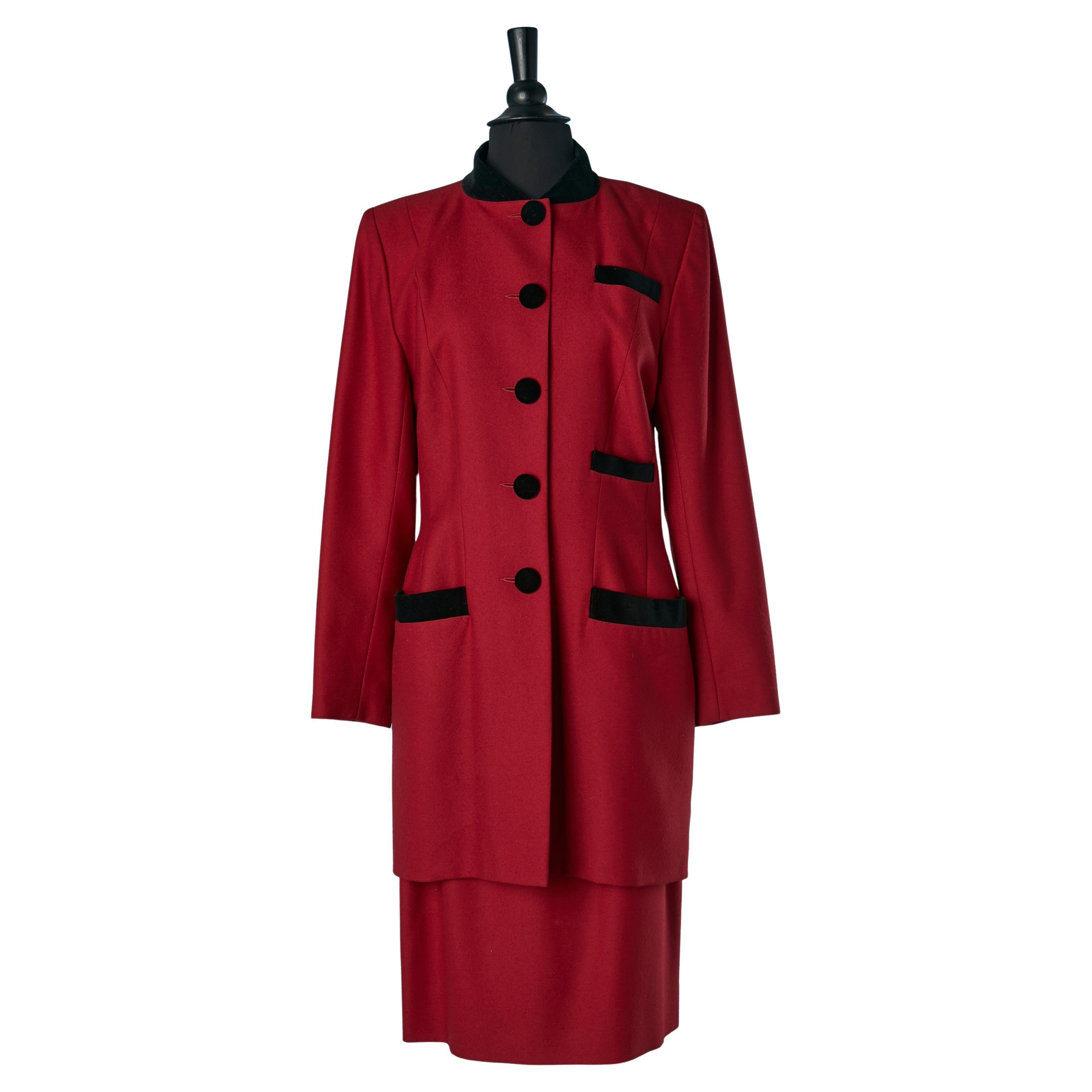 Tailleur con gonna in lana rossa e dettagli in velluto nero Emmanuelle Khanh