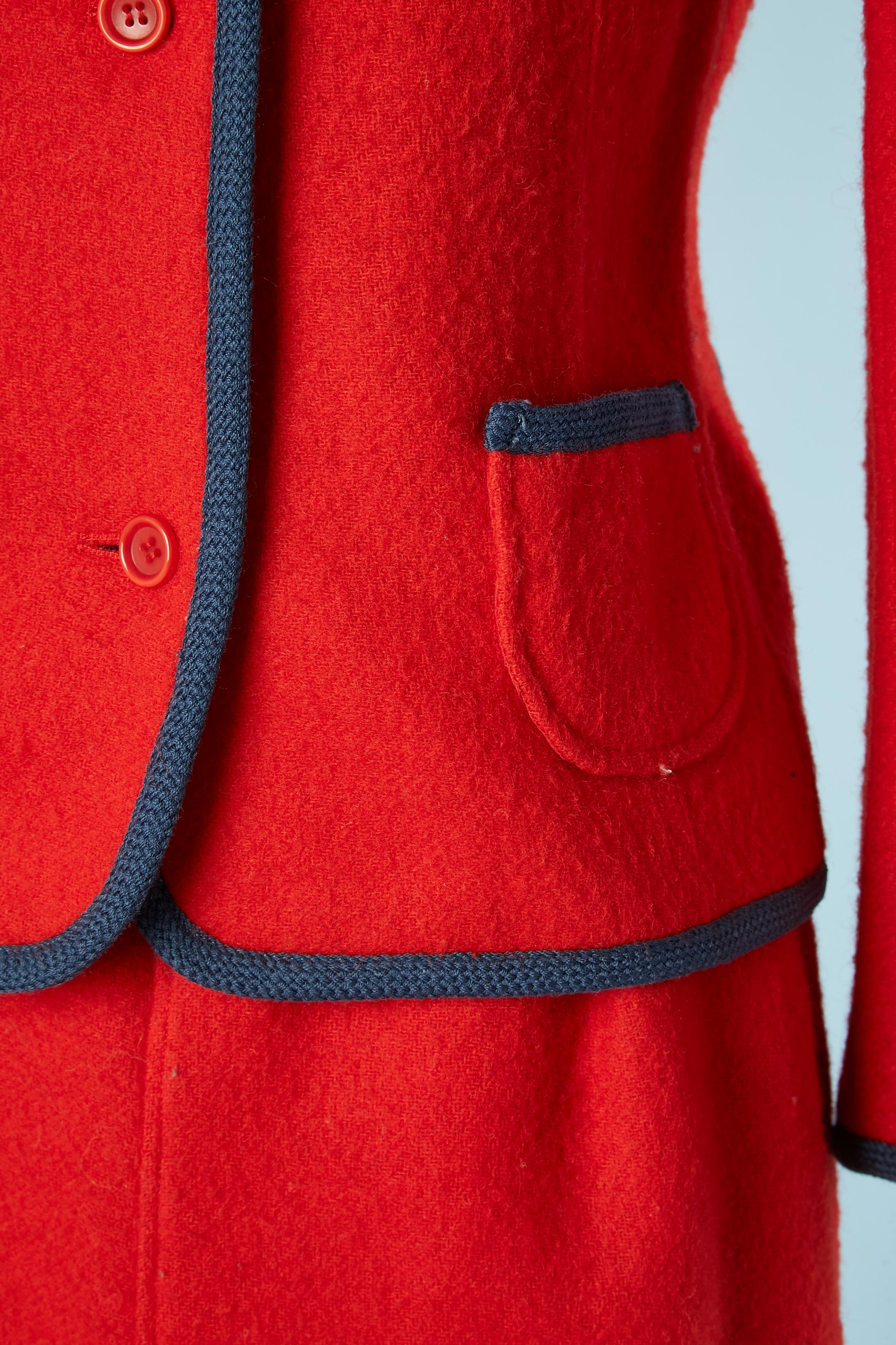 Red wool skirt-suit with blue Corduroy collar Courrèges Paris  In Excellent Condition For Sale In Saint-Ouen-Sur-Seine, FR