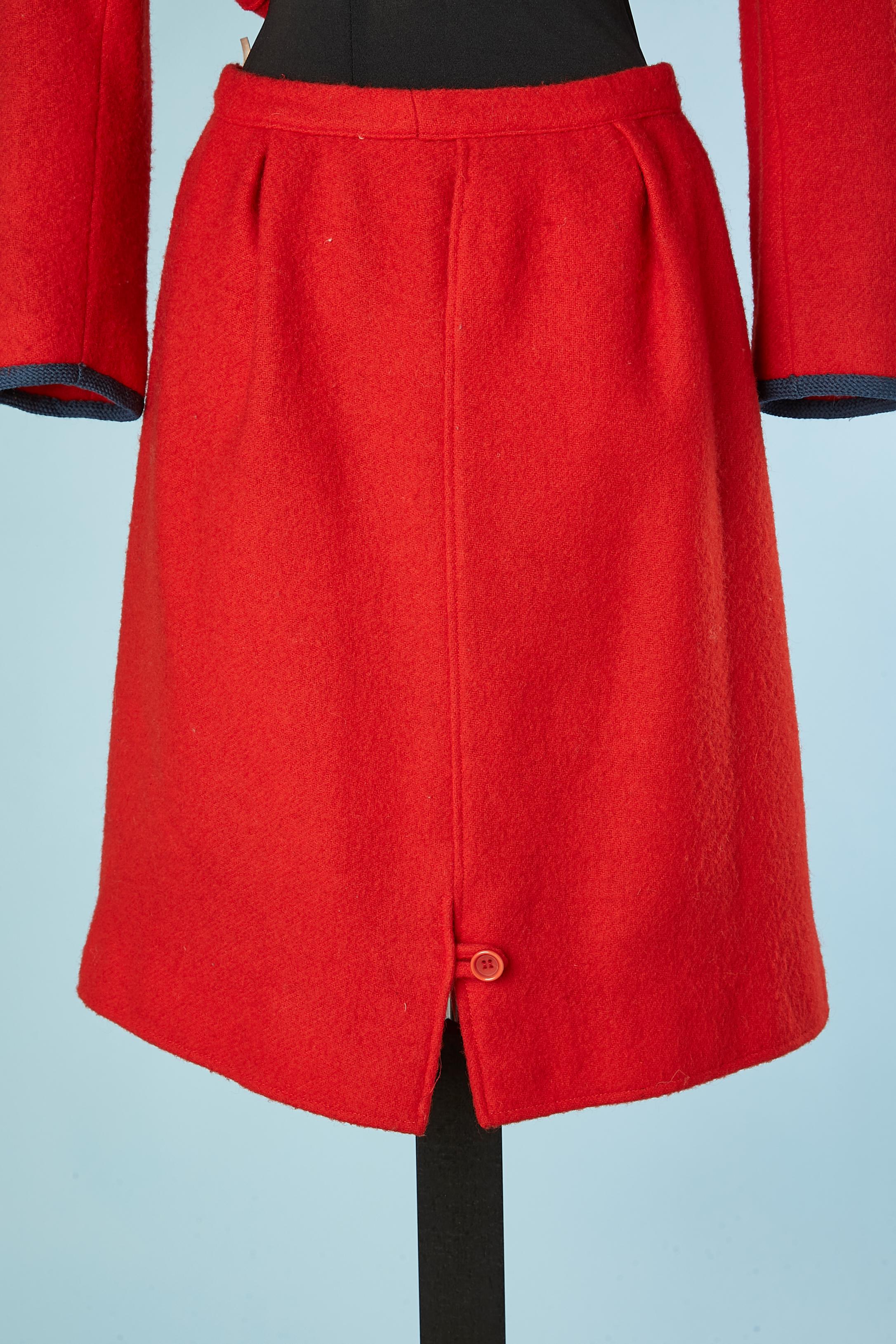Women's Red wool skirt-suit with blue Corduroy collar Courrèges Paris