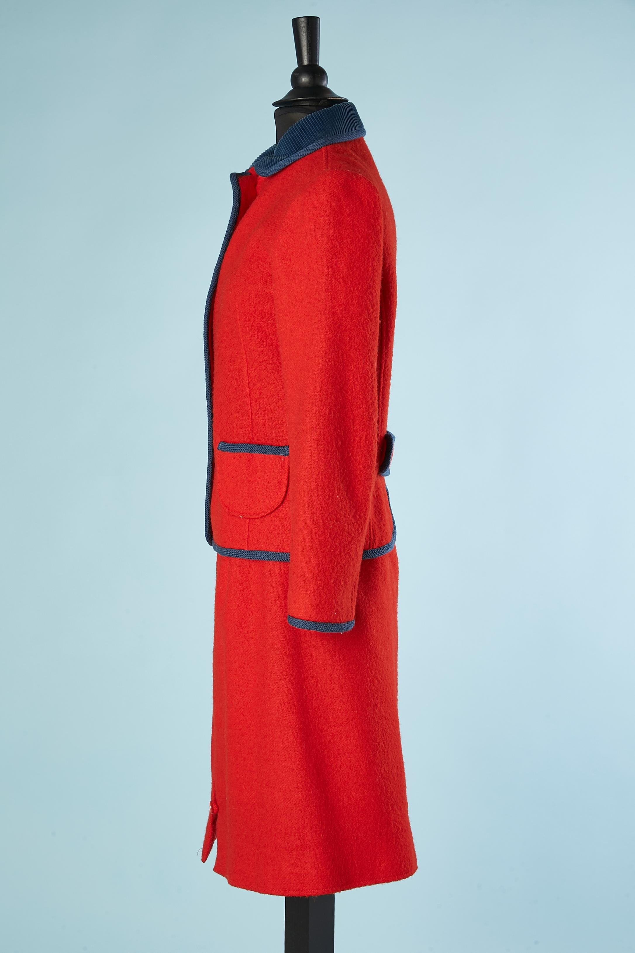 Red wool skirt-suit with blue Corduroy collar Courrèges Paris  For Sale 1