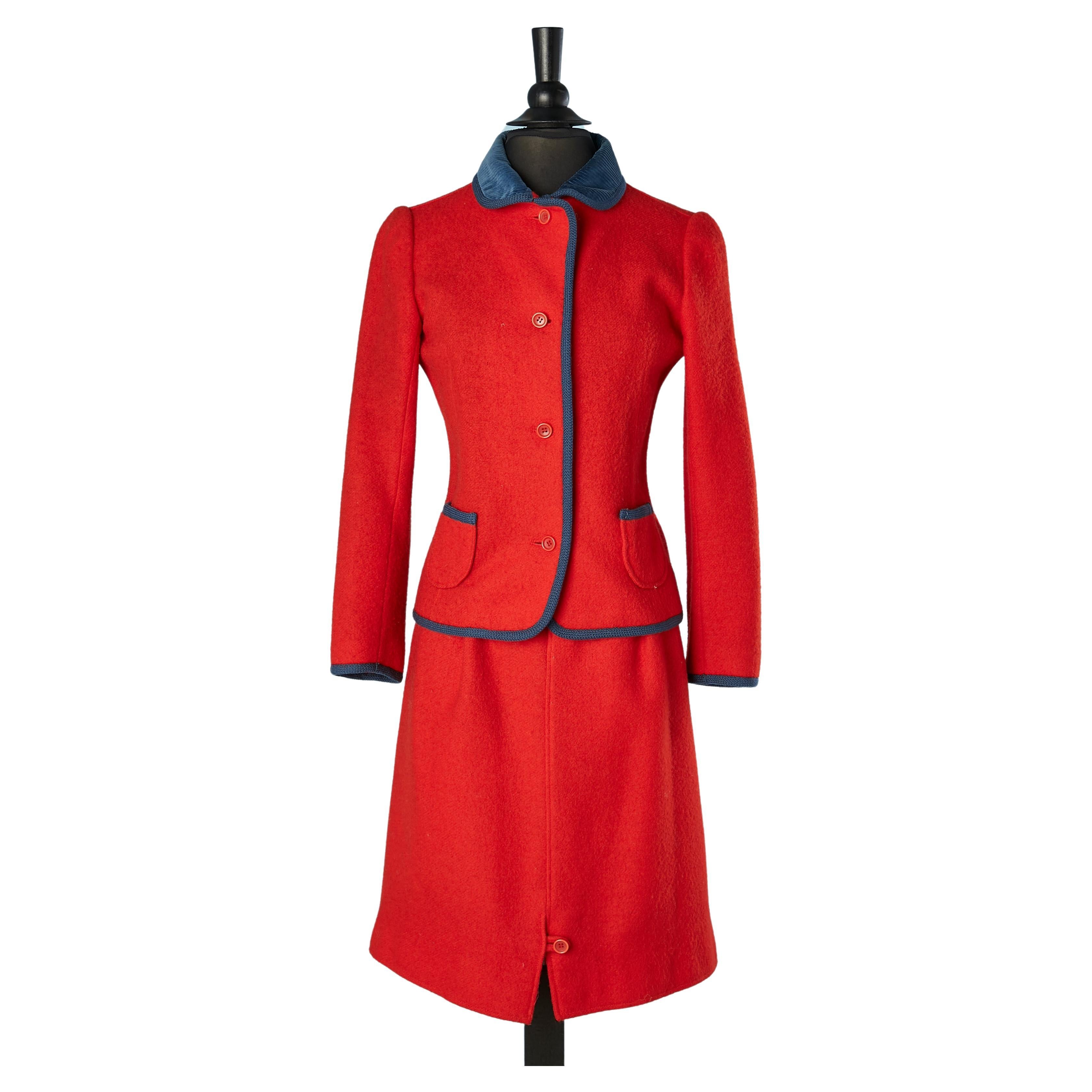 Red wool skirt-suit with blue Corduroy collar Courrèges Paris  For Sale