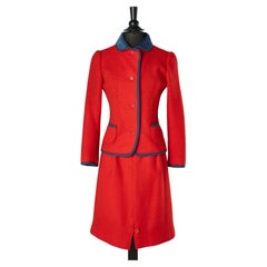 Retro Red wool skirt-suit with blue Corduroy collar Courrèges Paris 