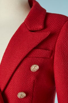 Red wool skirt suit with double-breasted jacket