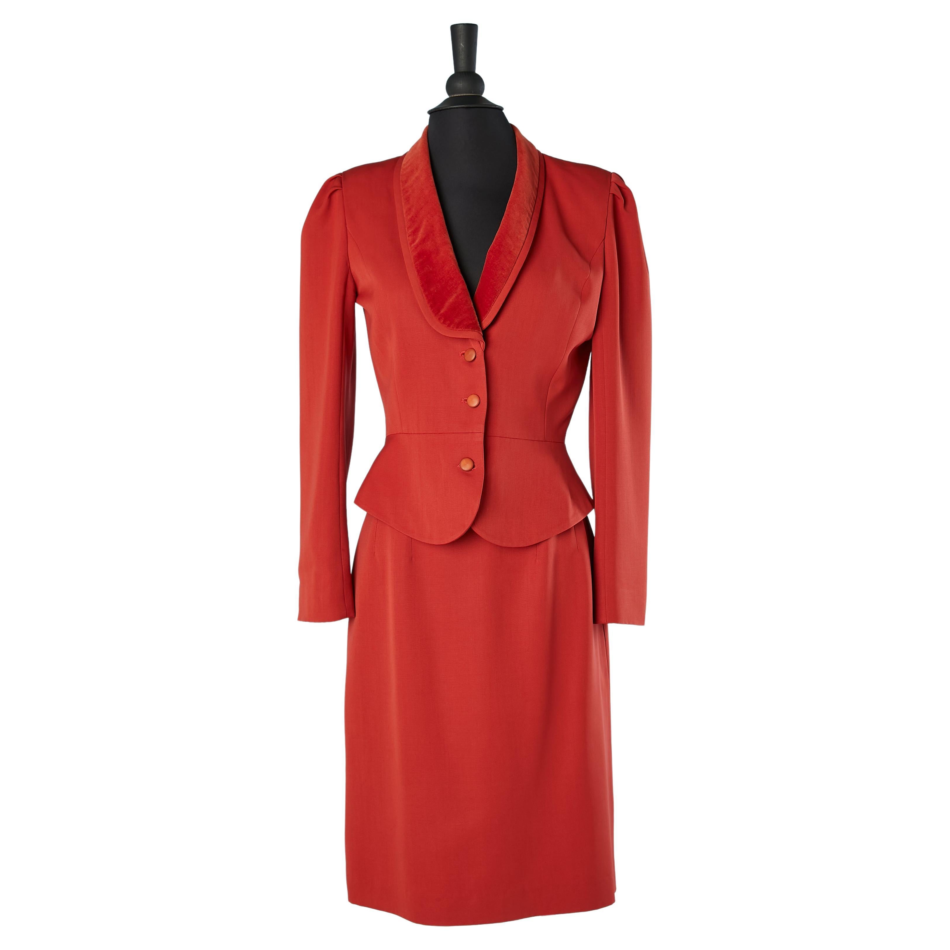 Red wool skirt-suit with velvet collar Lanvin Circa 1960's 