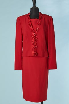 Red wool top, skirt and jacket ensemble with flowers Escada for Neiman Marcus