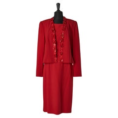 Top, gonna e giacca in lana rossa con fiori Escada per Neiman Marcus