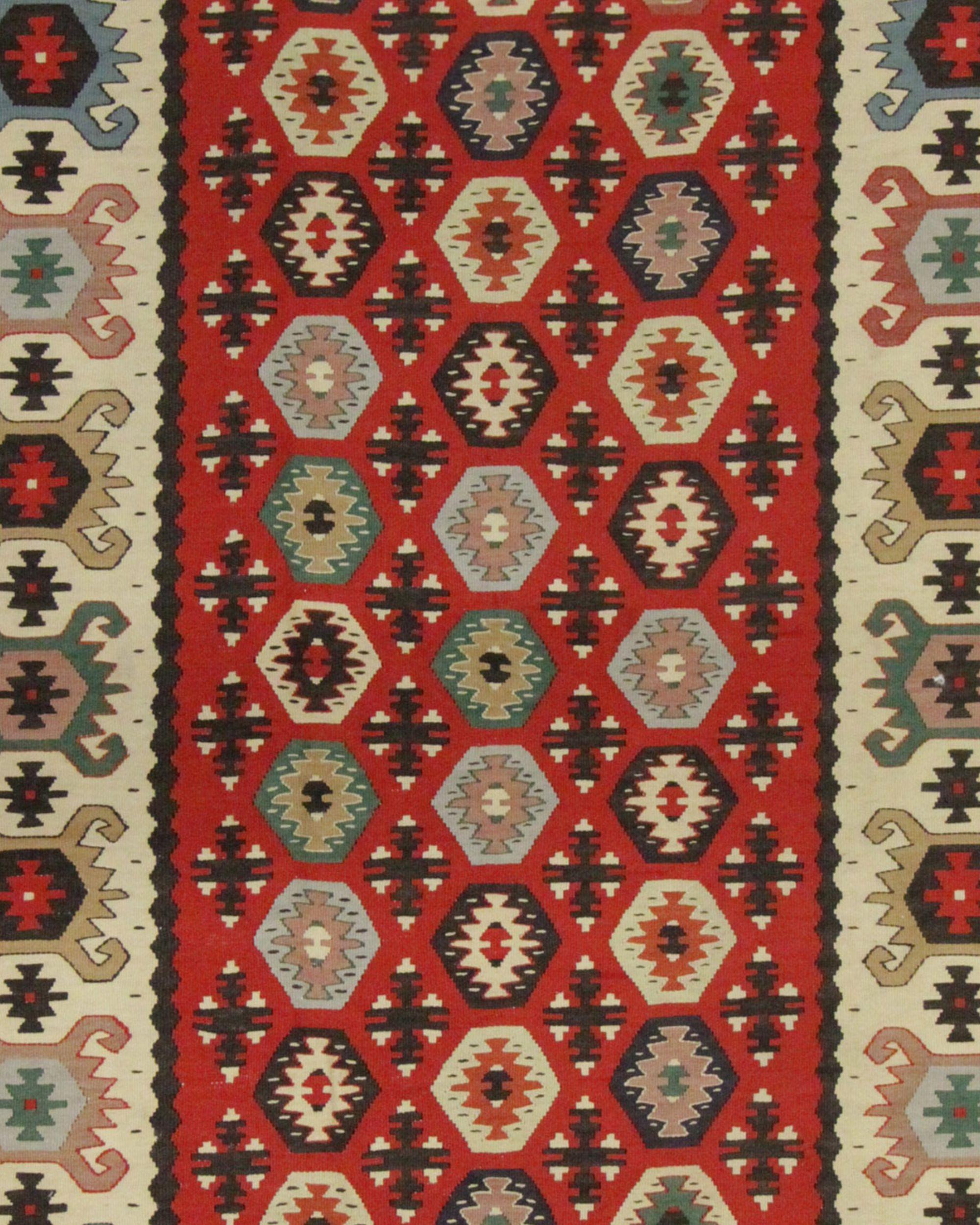 Roter Vintage-Teppich aus Wolle, türkischer Kelim, handgewebter Teppich, Sarkoy, Kelim, geometrisch im Angebot 3