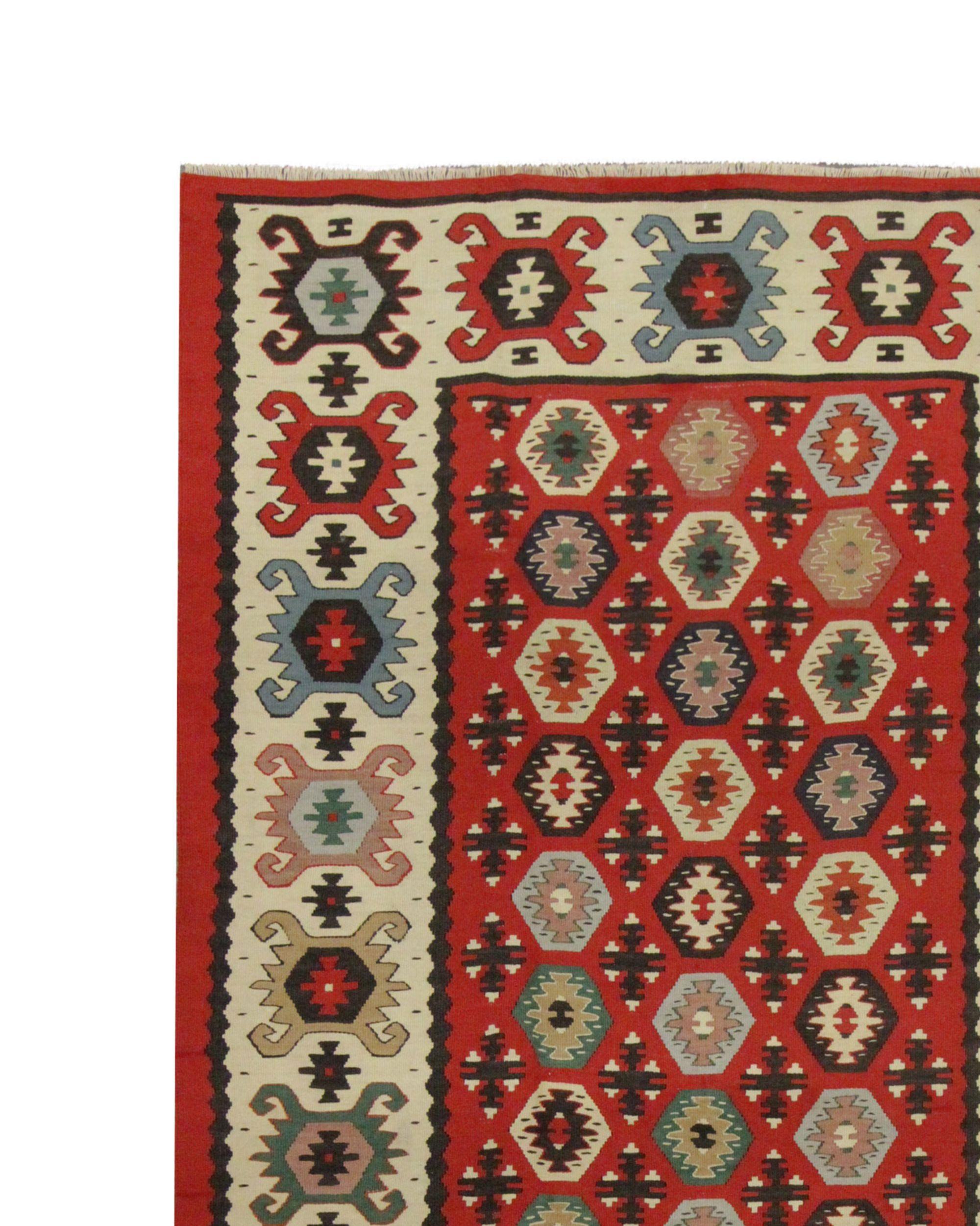 Roter Vintage-Teppich aus Wolle, türkischer Kelim, handgewebter Teppich, Sarkoy, Kelim, geometrisch im Angebot 2