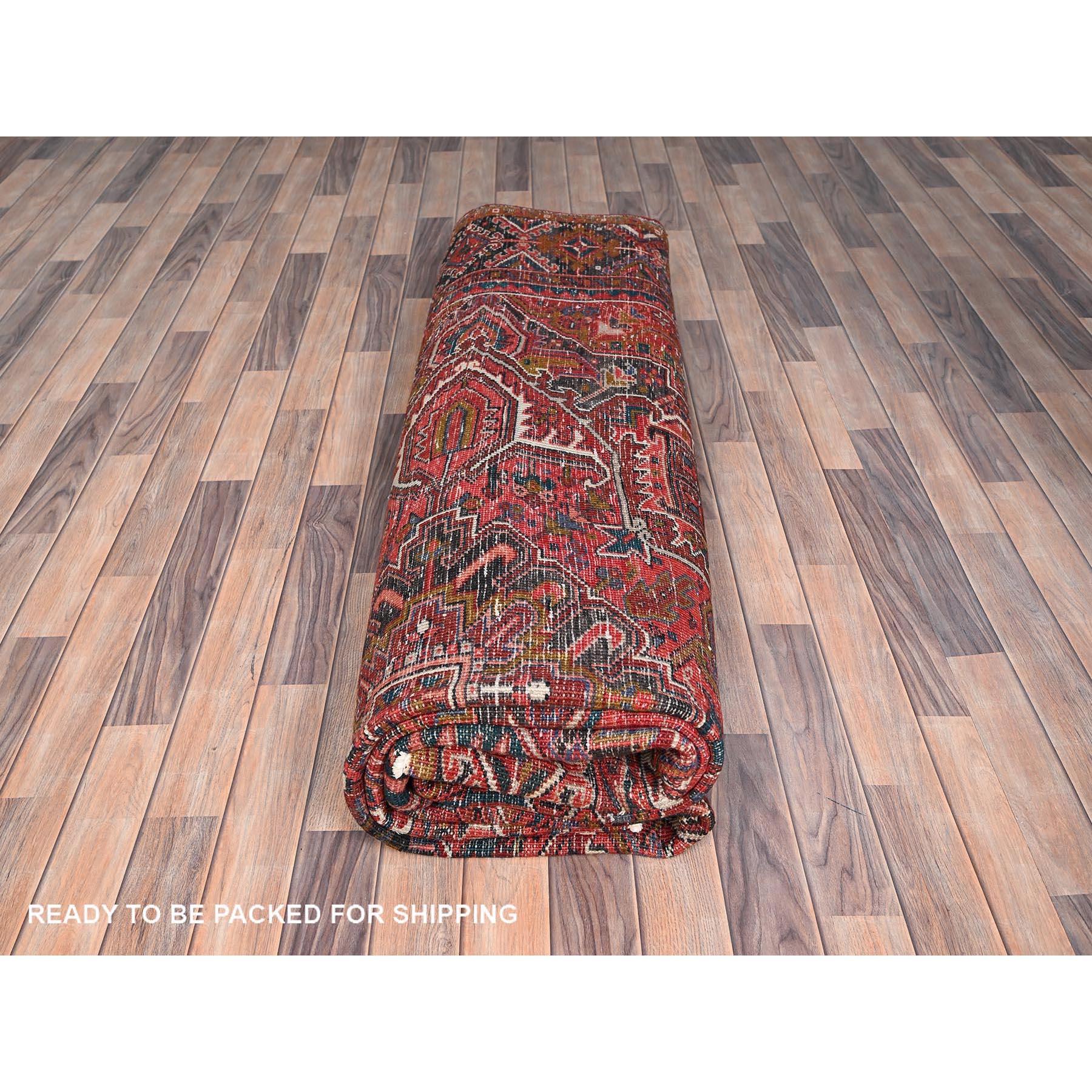 Red Worn Wool Hand Knotted Vintage Bohemian Persian Heriz Rustic Feel Clean Rug For Sale 5
