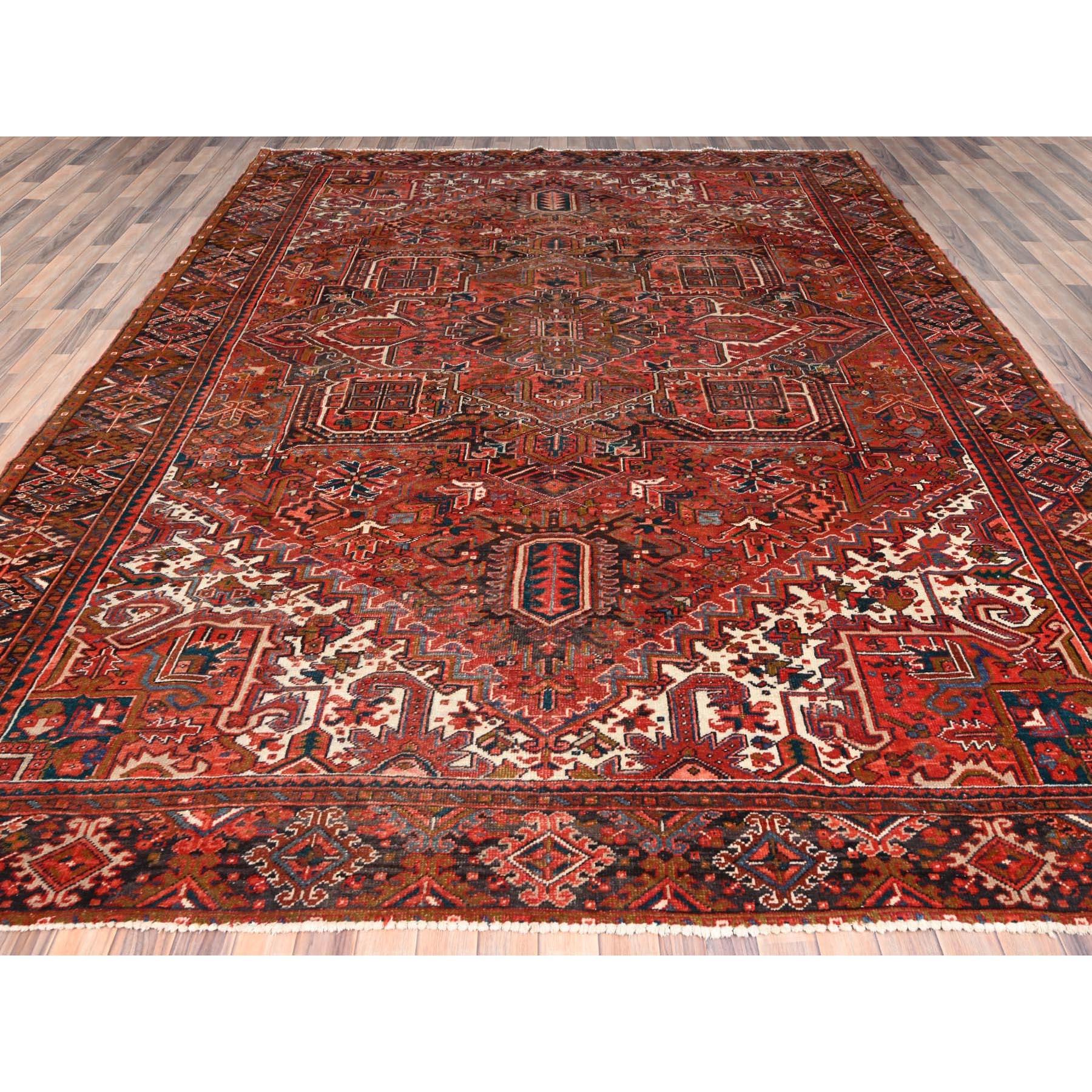 Hand-Knotted Red Worn Wool Hand Knotted Vintage Bohemian Persian Heriz Rustic Feel Clean Rug For Sale