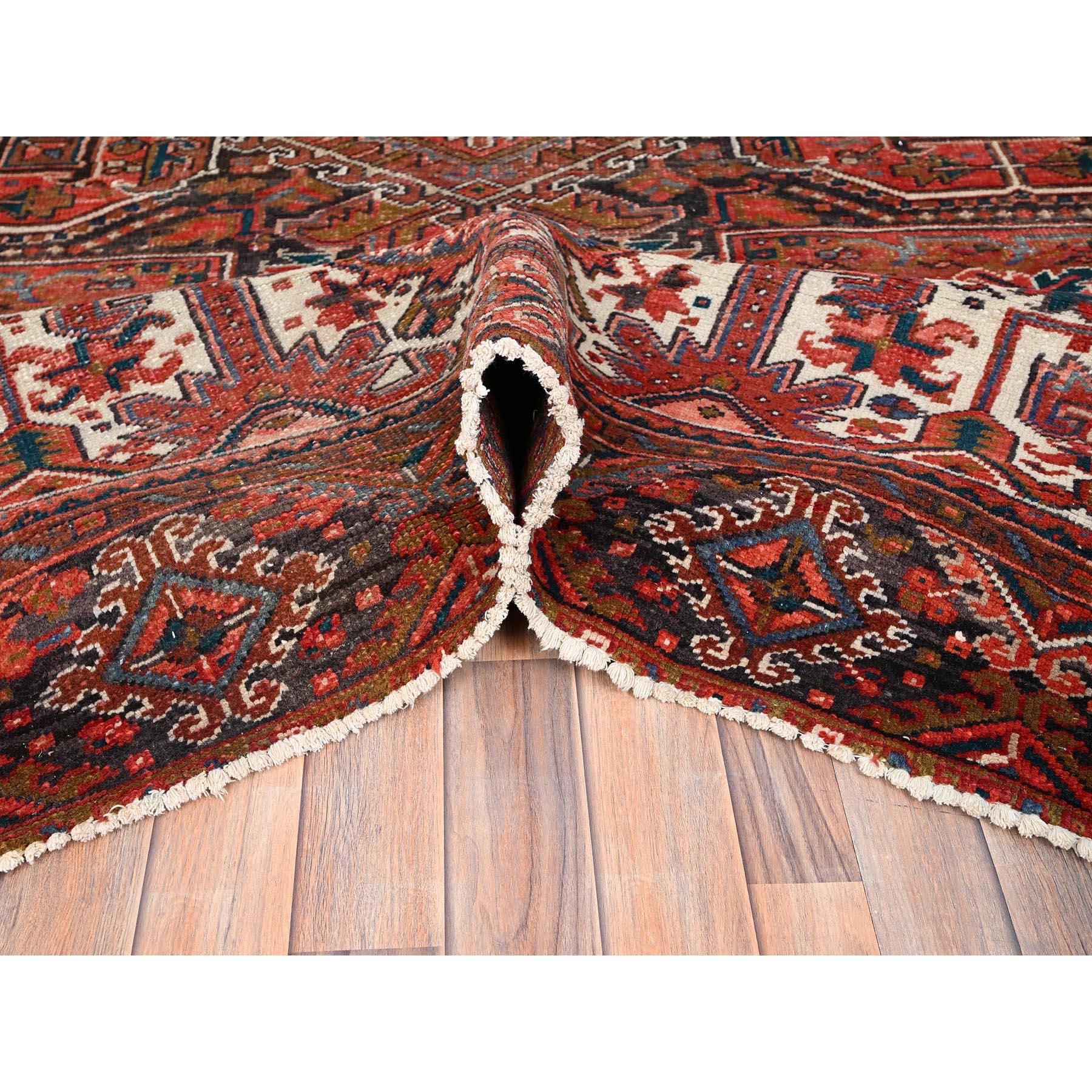 Red Worn Wool Hand Knotted Vintage Bohemian Persian Heriz Rustic Feel Clean Rug For Sale 1