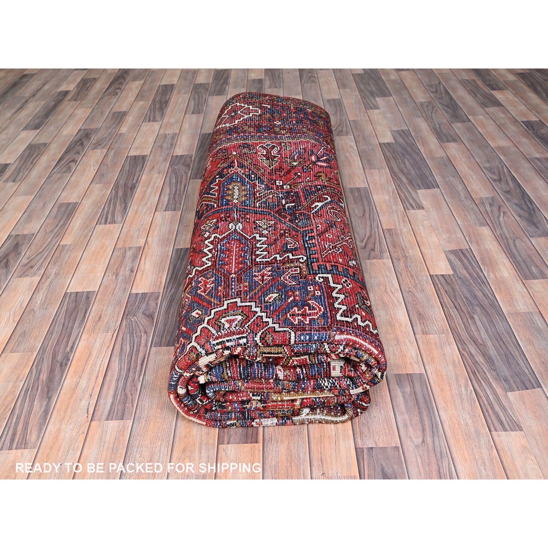 Red Worn Wool Hand Knotted Vintage Persian Heriz Tribal Ambience Rug 9'10