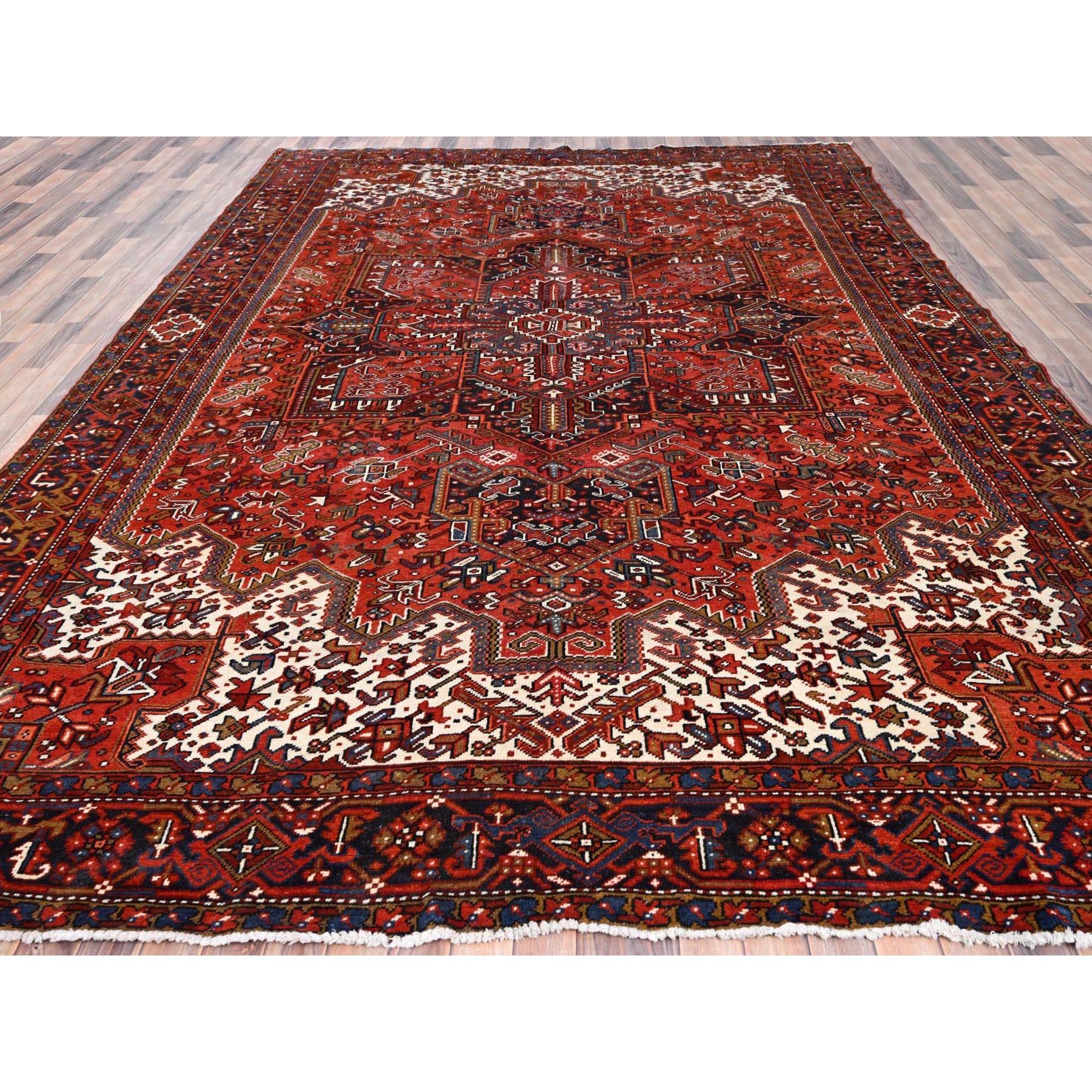 Medieval Red Worn Wool Hand Knotted Vintage Persian Heriz Tribal Ambience Rug 9'10