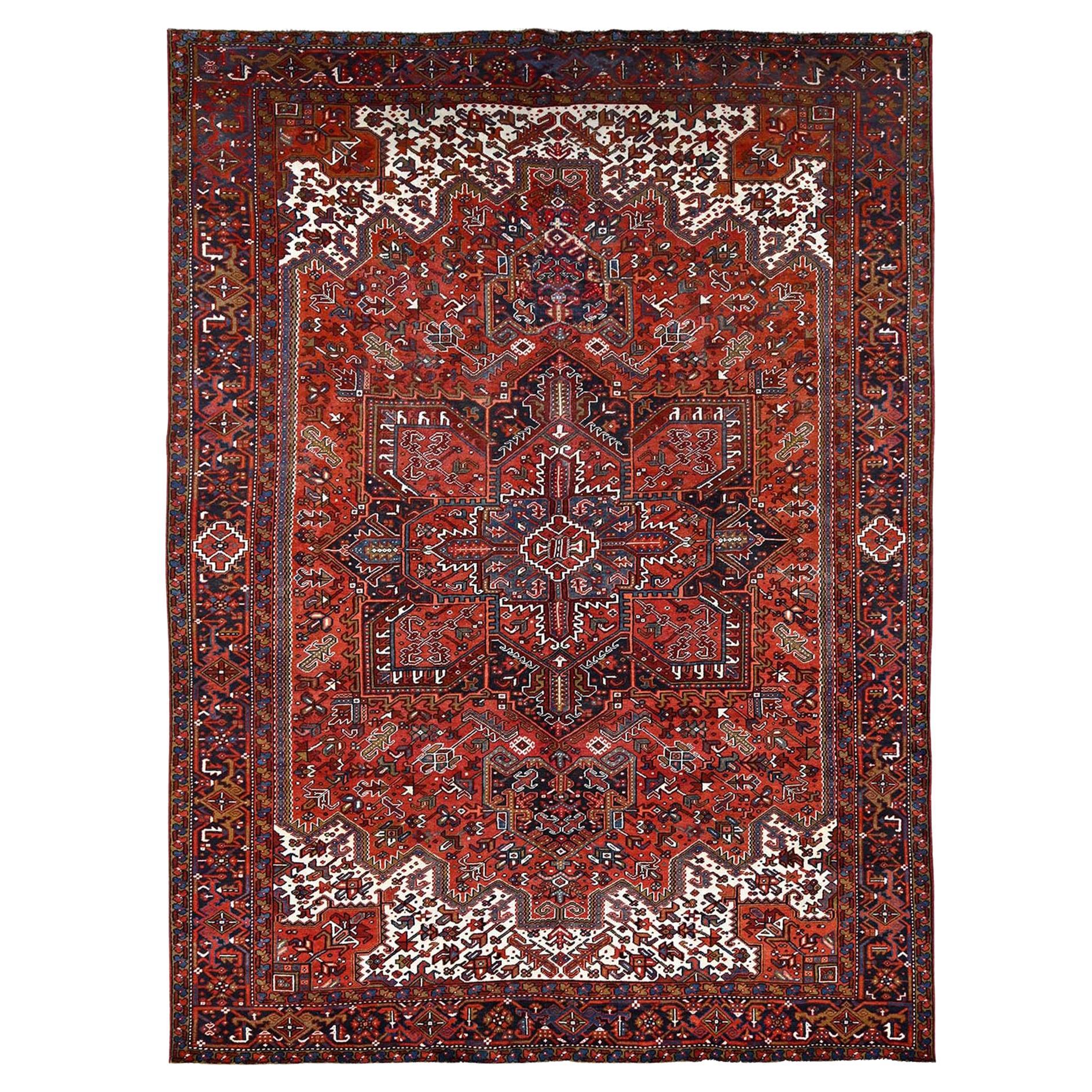 Red Worn Wool Hand Knotted Vintage Persian Heriz Tribal Ambience Rug 9'10"x13'
