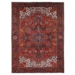 Red Worn Wool Hand Knotted Retro Persian Heriz Tribal Ambience Rug 9'10"x13'