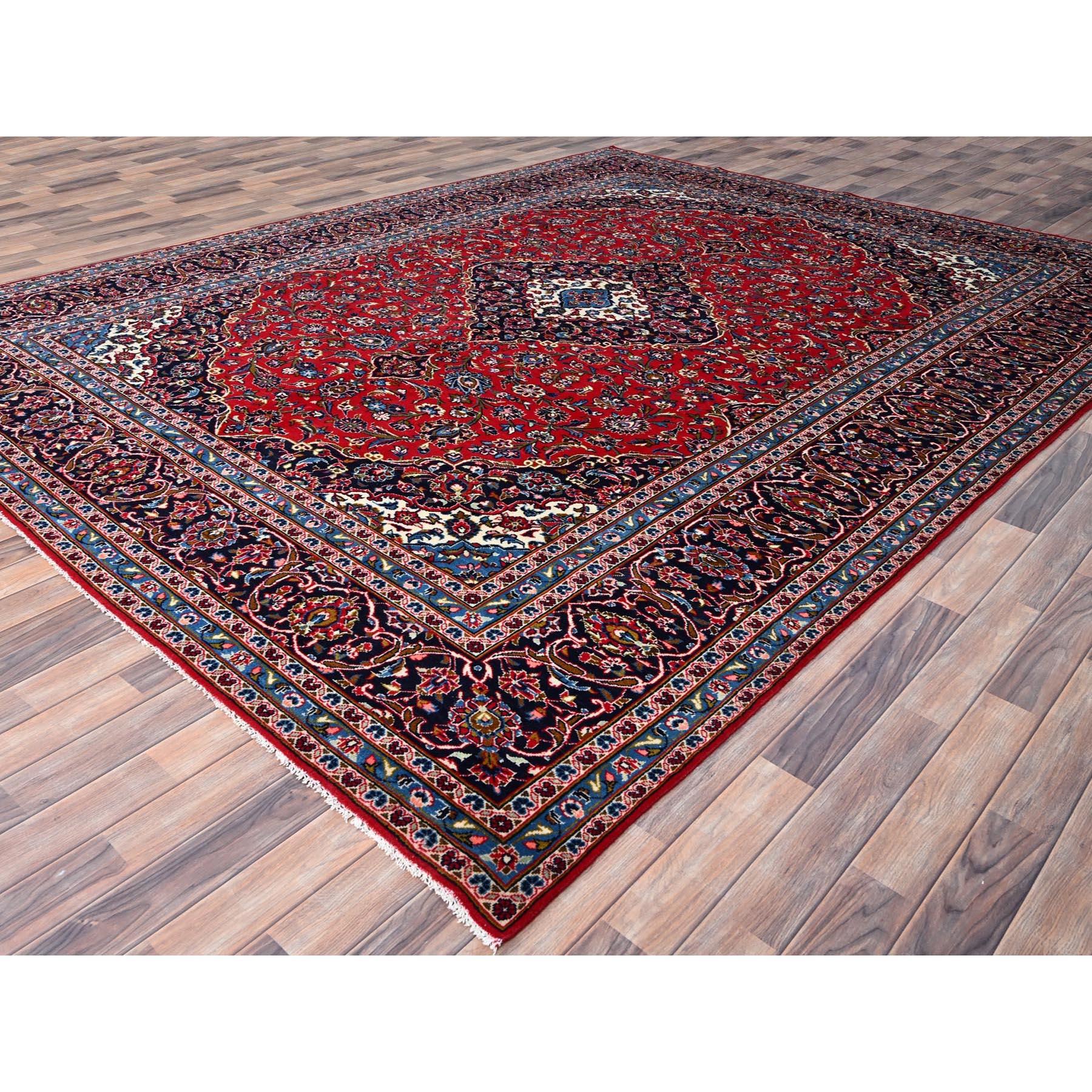 Hand-Knotted Red Worn Wool Hand Knotted Vintage Persian Kashan Dense Weave Pure Wool Soft Rug For Sale