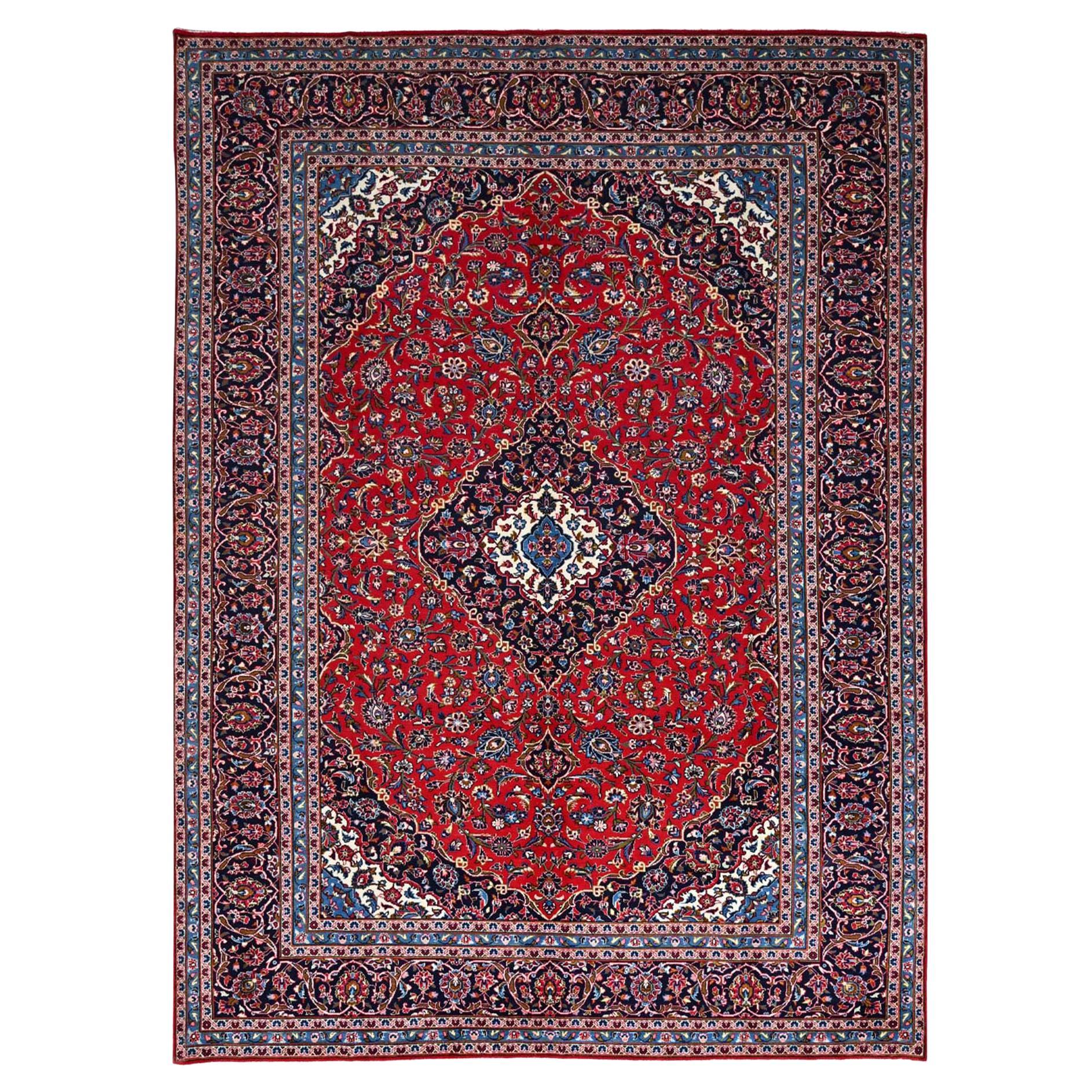 Red Worn Wool Hand Knotted Vintage Persian Kashan Dense Weave Pure Wool Soft Rug For Sale