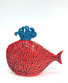 set of 5 handcrafted fish handmade in Italy, ceramic and enamels.centerpiece.RED