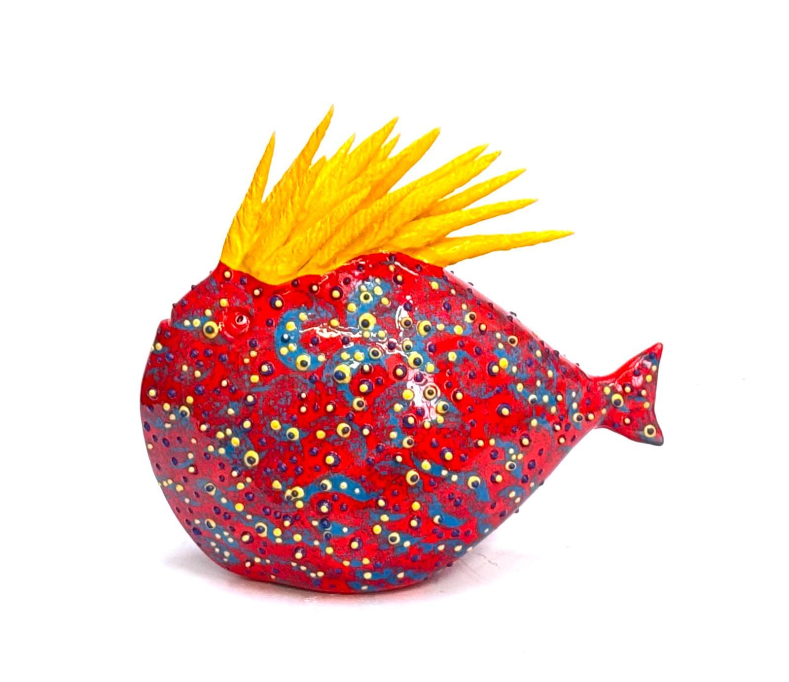 Fait main Ensemble Red wow de poissons uniques fabriqués à la main en Italie, en céramique et en émaux. en vente