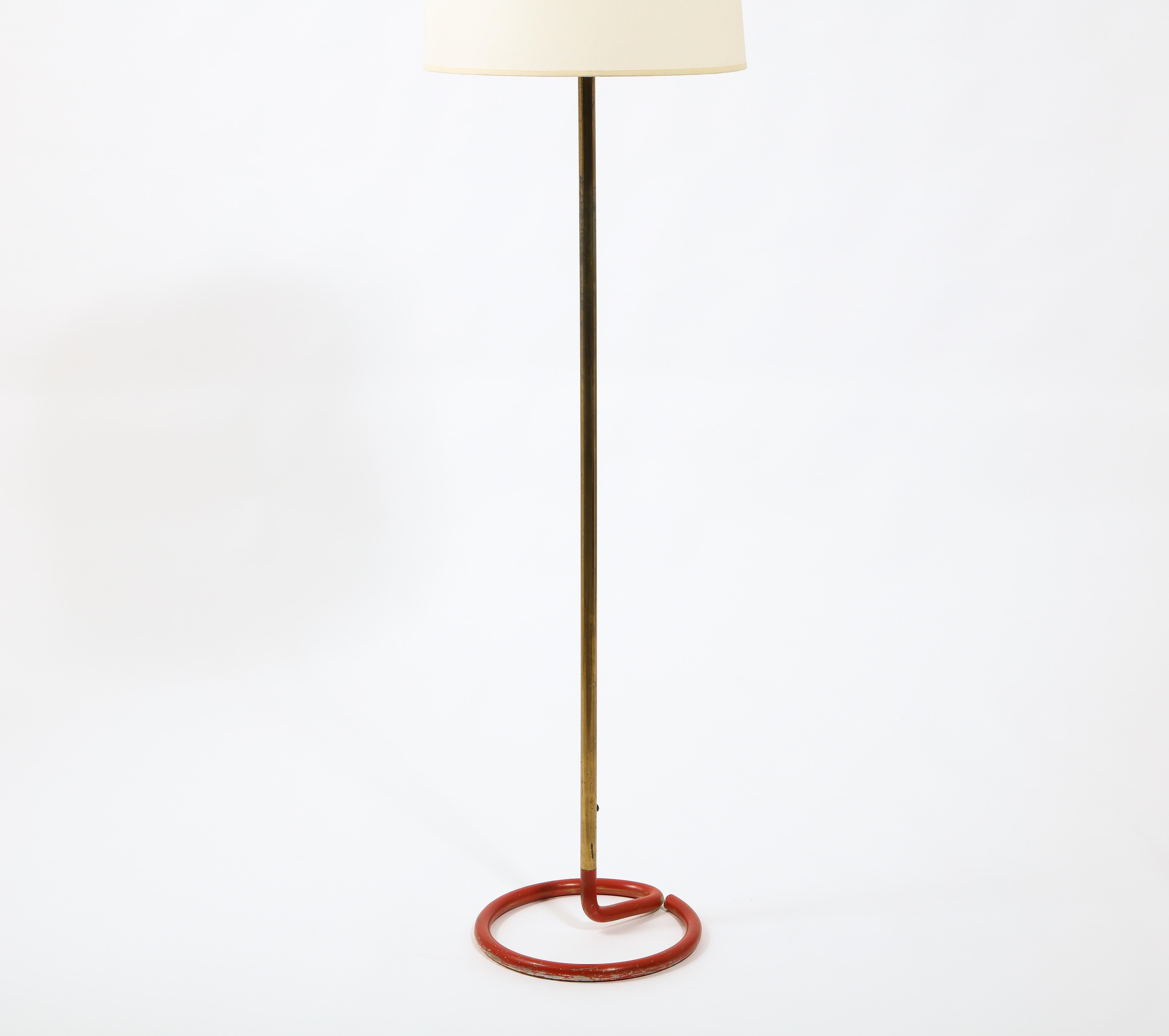 Red Wrougt Iron and Brass Floor Lamp by Stablet, France 1950's 2