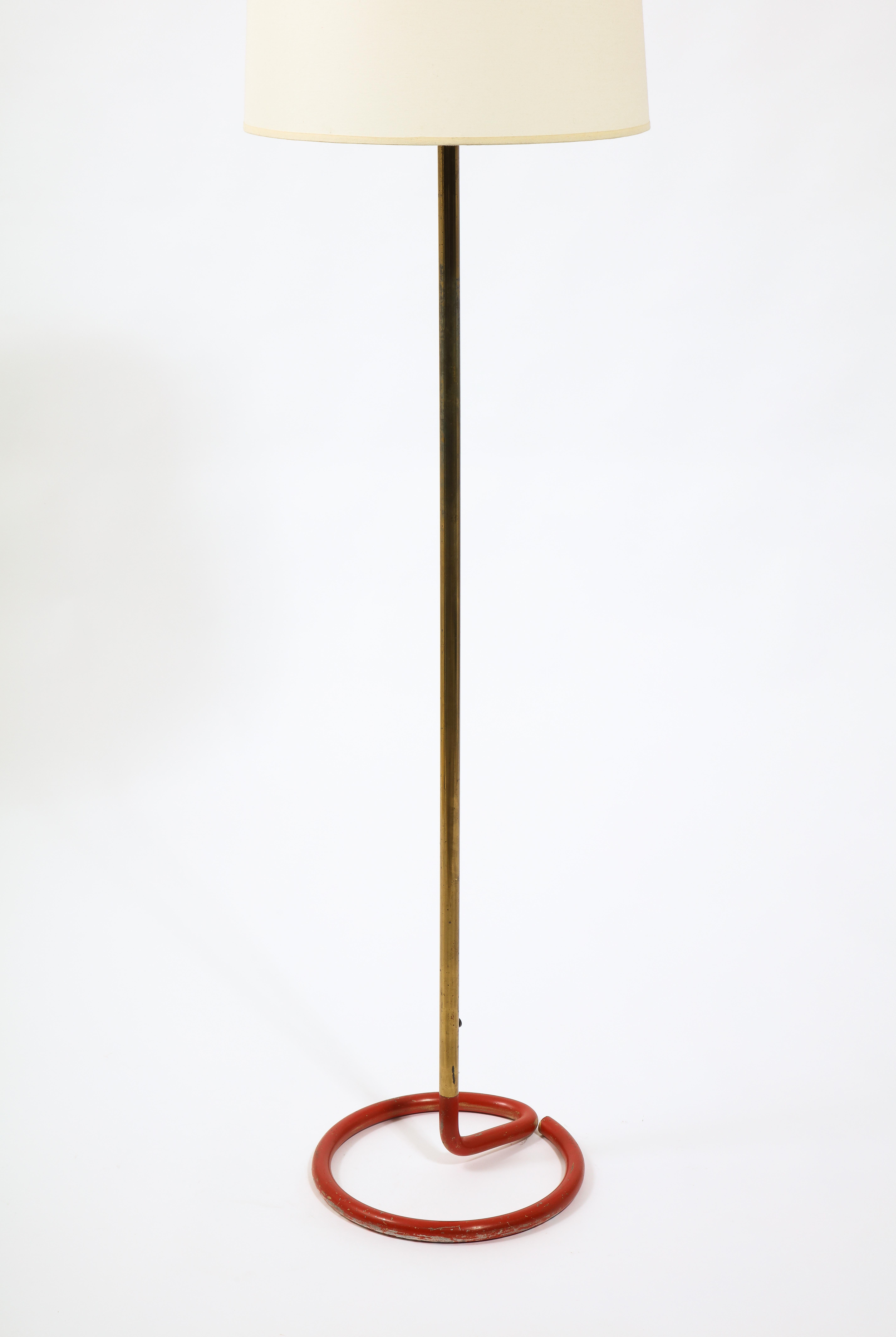 Red Wrougt Iron and Brass Floor Lamp by Stablet, France 1950's 3