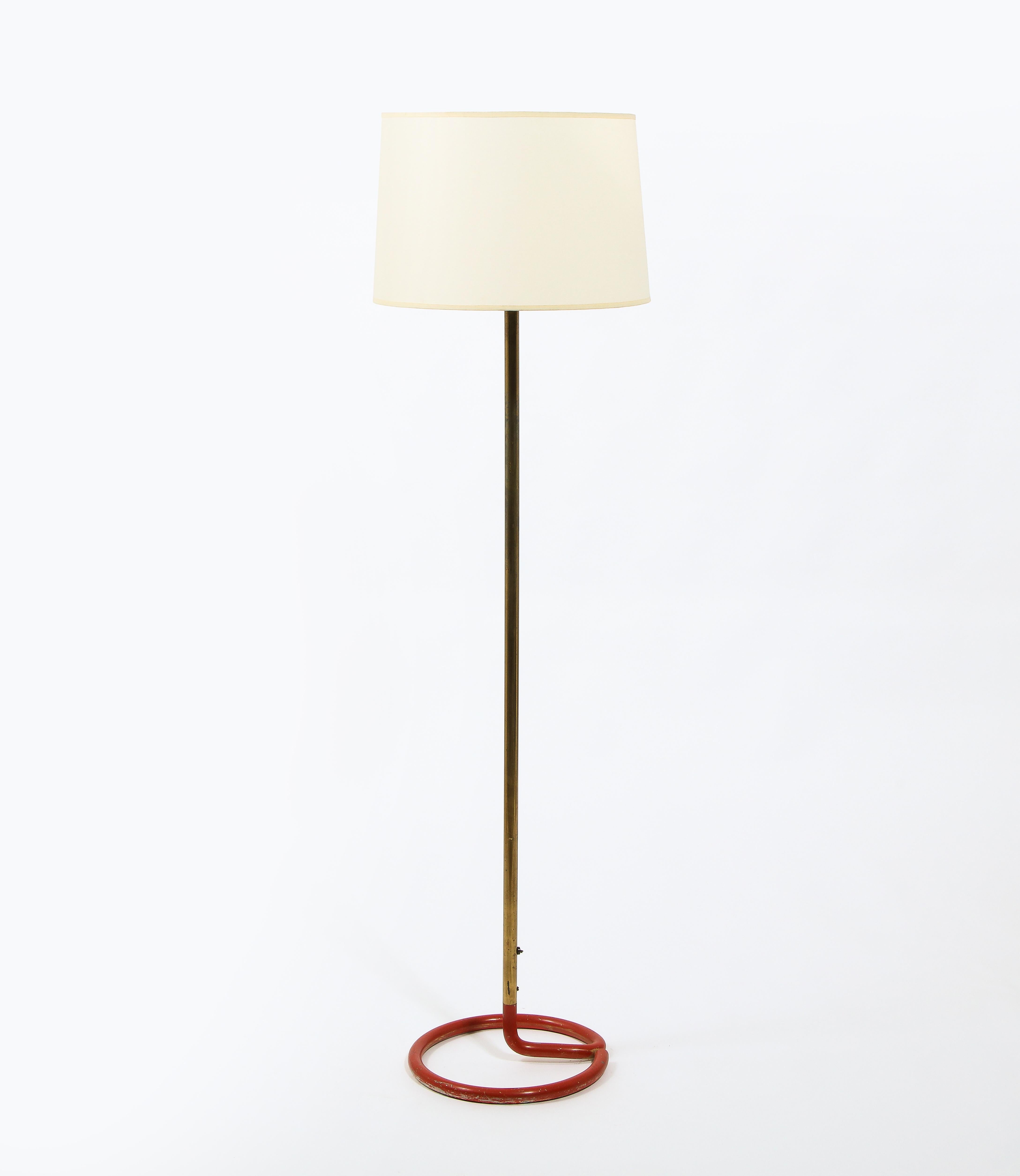 Red Wrougt Iron and Brass Floor Lamp by Stablet, France 1950's 5