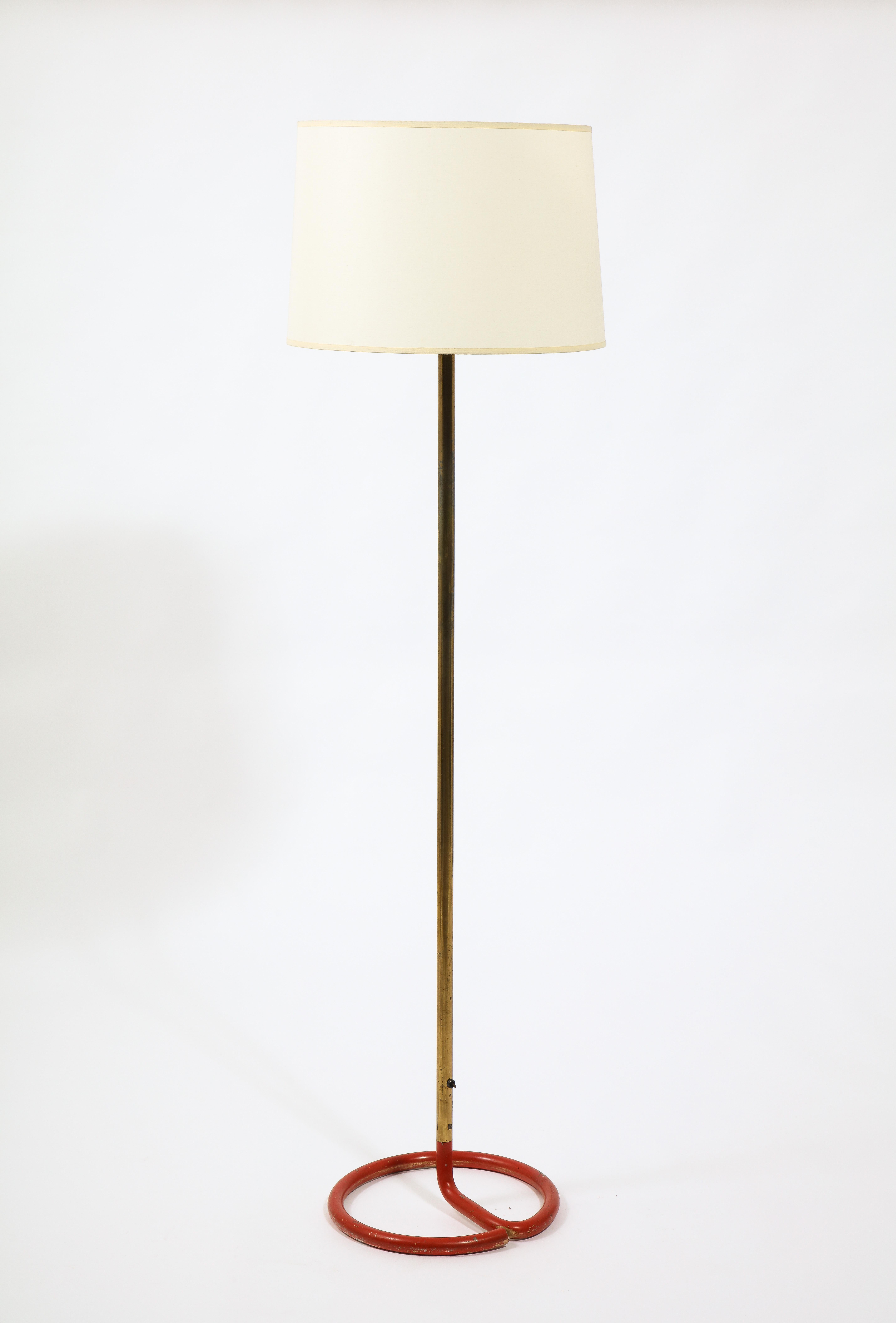 Red Wrougt Iron and Brass Floor Lamp by Stablet, France 1950's 8