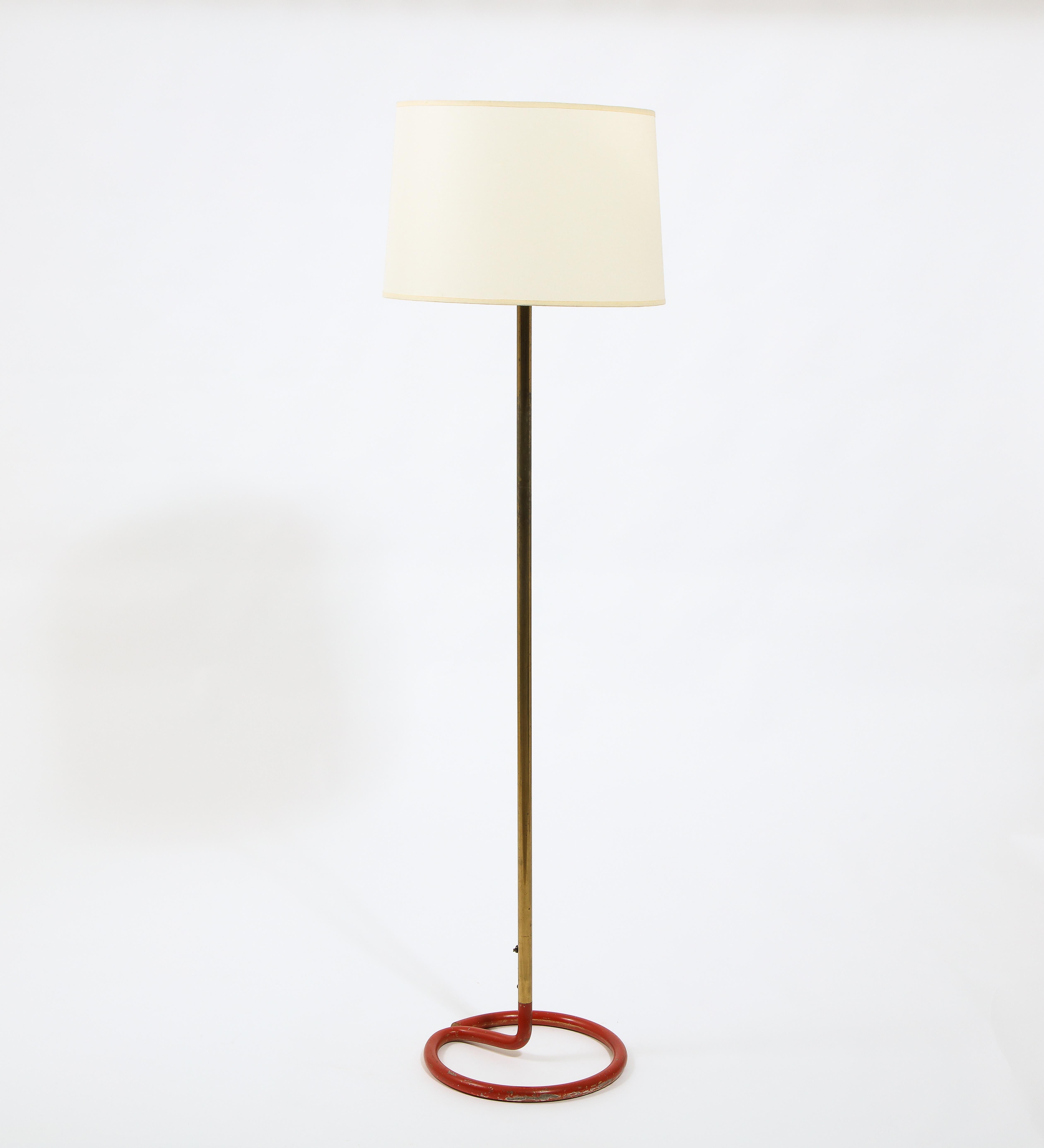 Mid-Century Modern Red Wrougt Iron and Brass Floor Lamp by Stablet, France 1950's